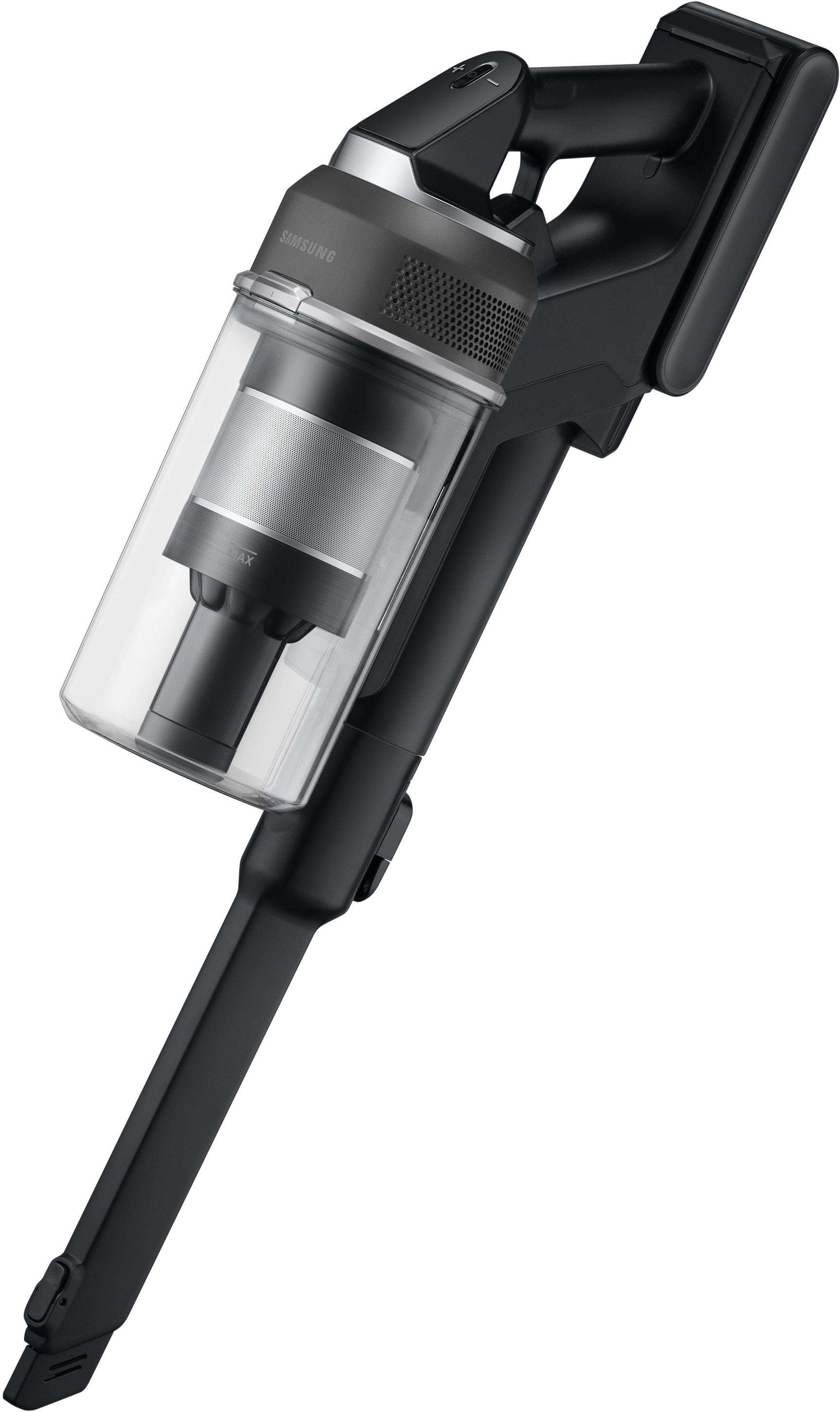 Schwarzer Samsung Akku-Staubsauger mit durchsichtigem Staubbehälter.