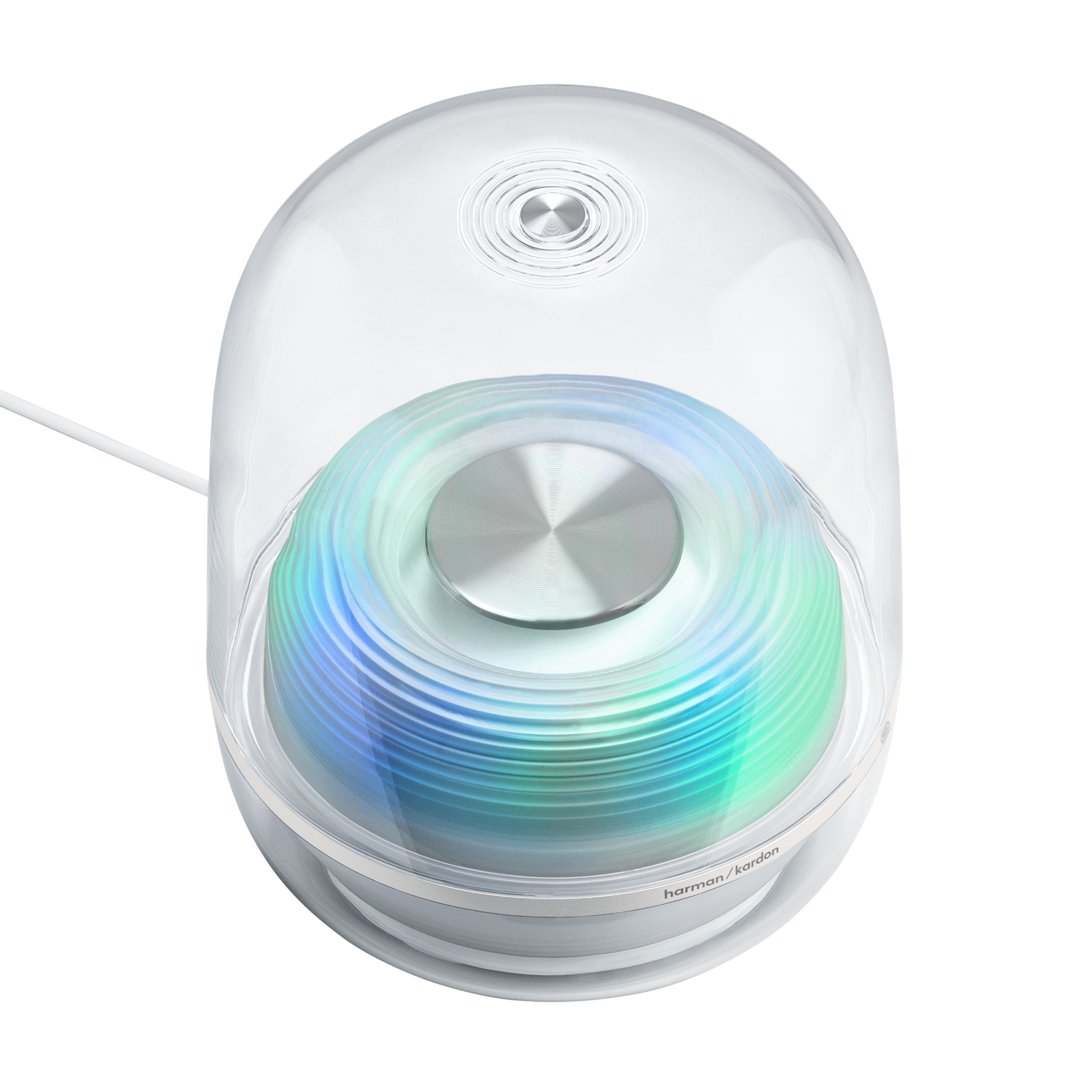 Dönen mavi ve yeşil ışıklı şeffaf hoparlör. Harman Kardon logosu görünür.