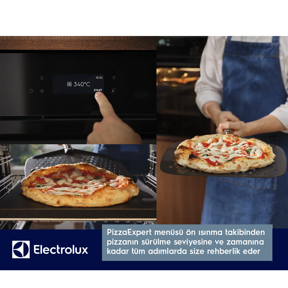 Fırın ekranında bir parmak Başlat'a basıyor. Yanında pizzanın küreği.