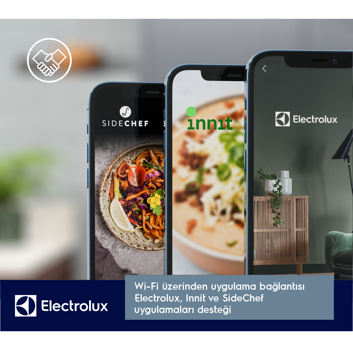 Üç akıllı telefon uygulama gösteriyor: SideChef, Innit ve Electrolux.