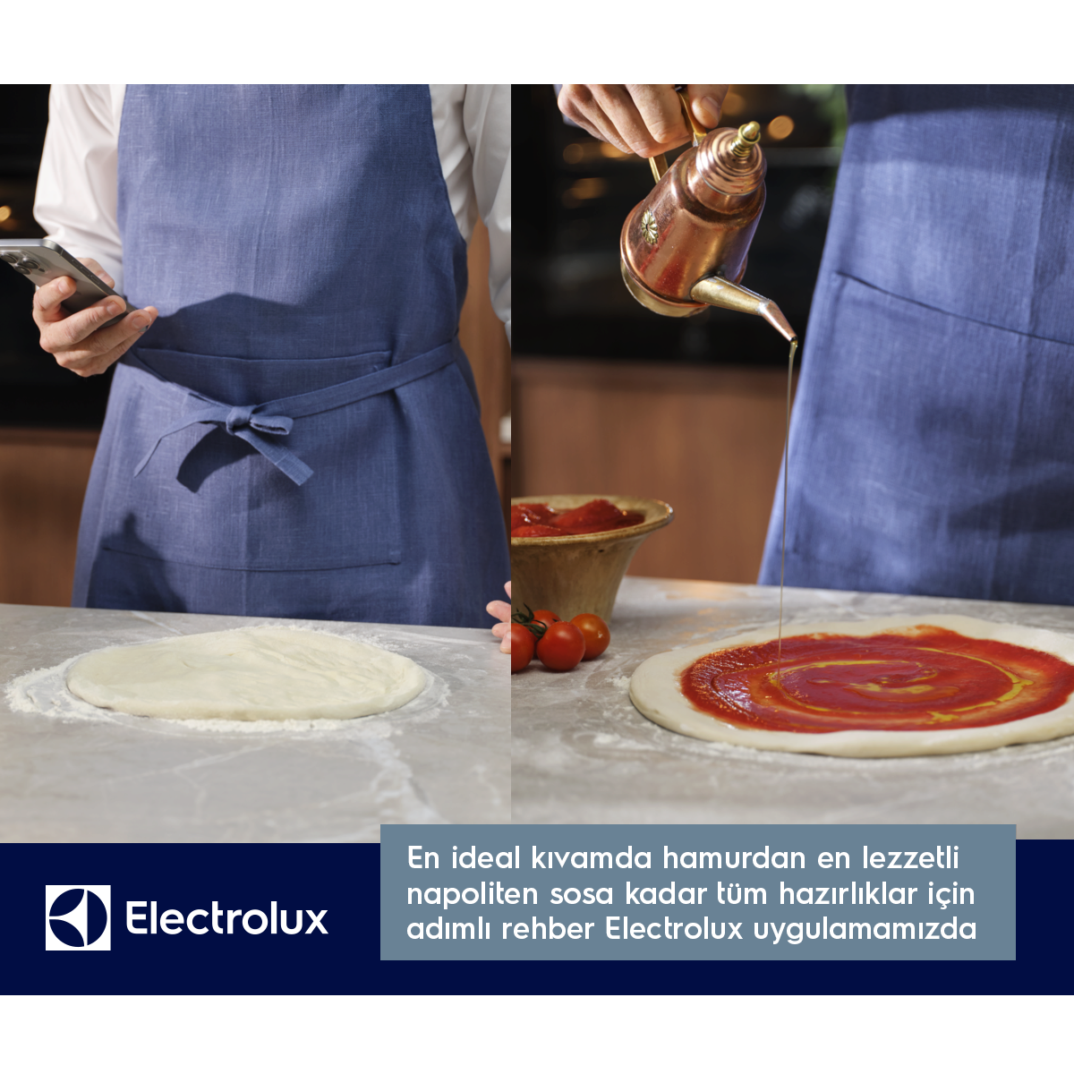 Bir kişi pizza hazırlıyor, hamur ve sos var. Solda telefon tutuyor.