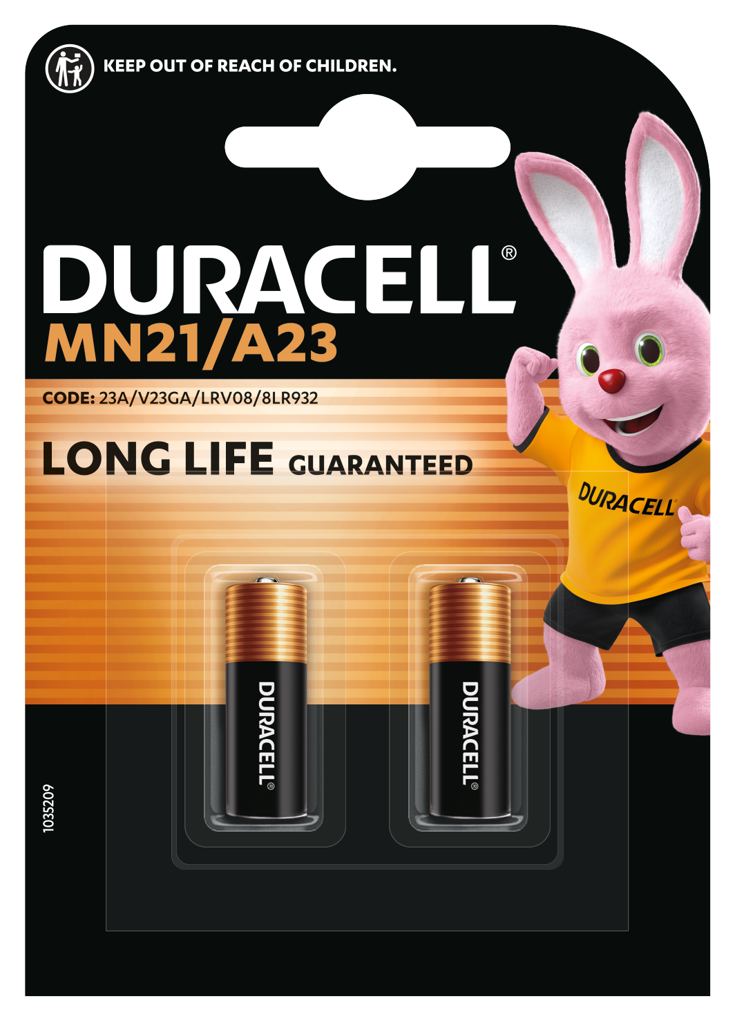 Baterie Duracell MN21/A23 z różowym króliczkiem na opakowaniu.