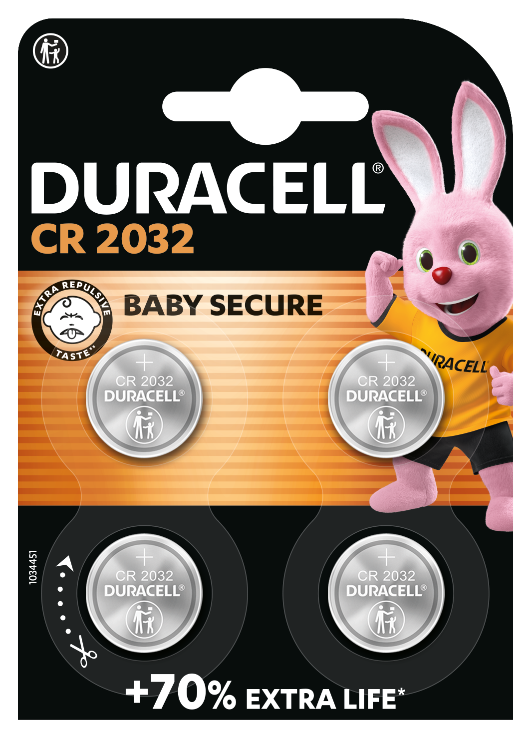 Baterie Duracell CR 2032 z funkcją Baby Secure i różowym królikiem.