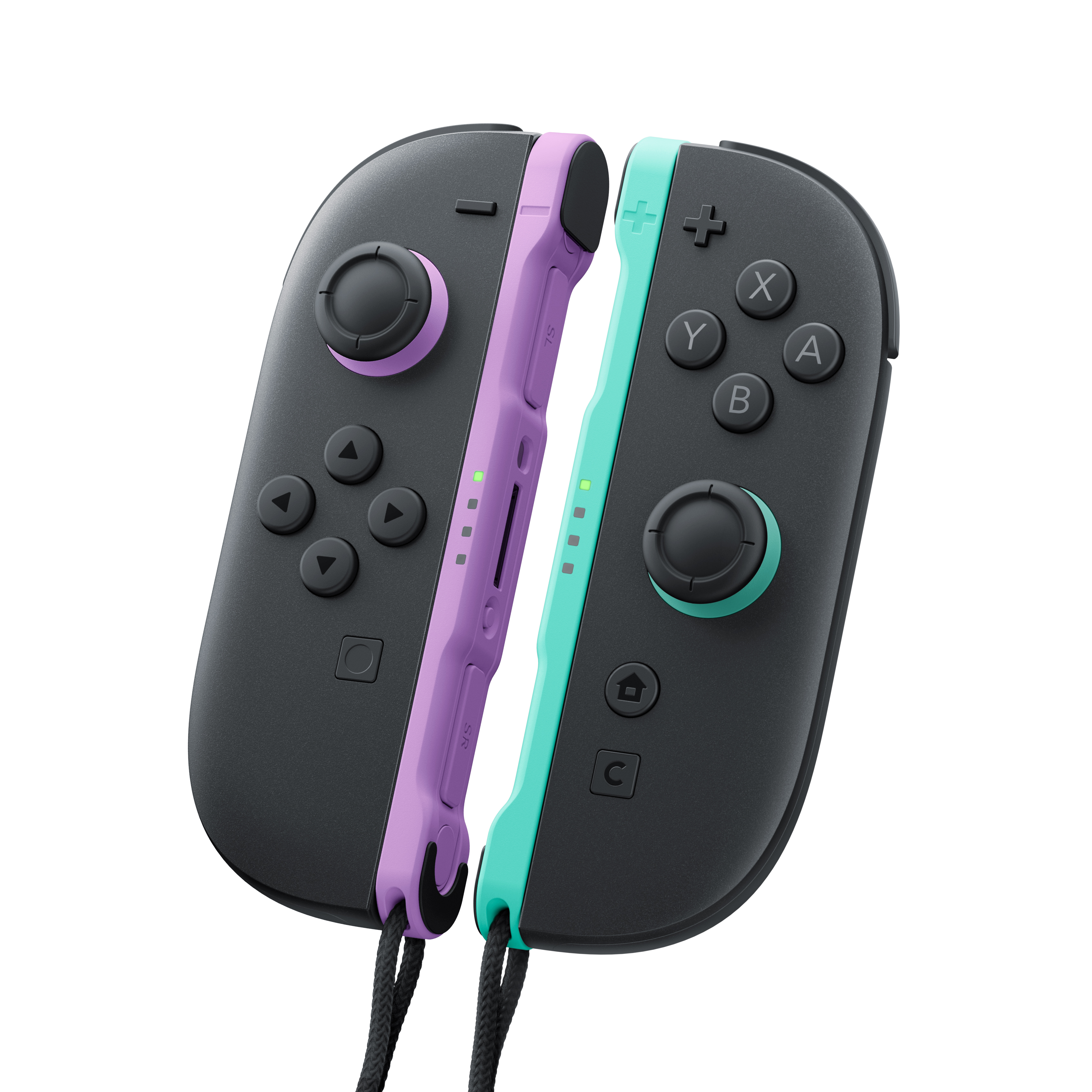 Mor ve turkuaz renkli iki Nintendo kontrol cihazı beyaz arka planda yan yana.