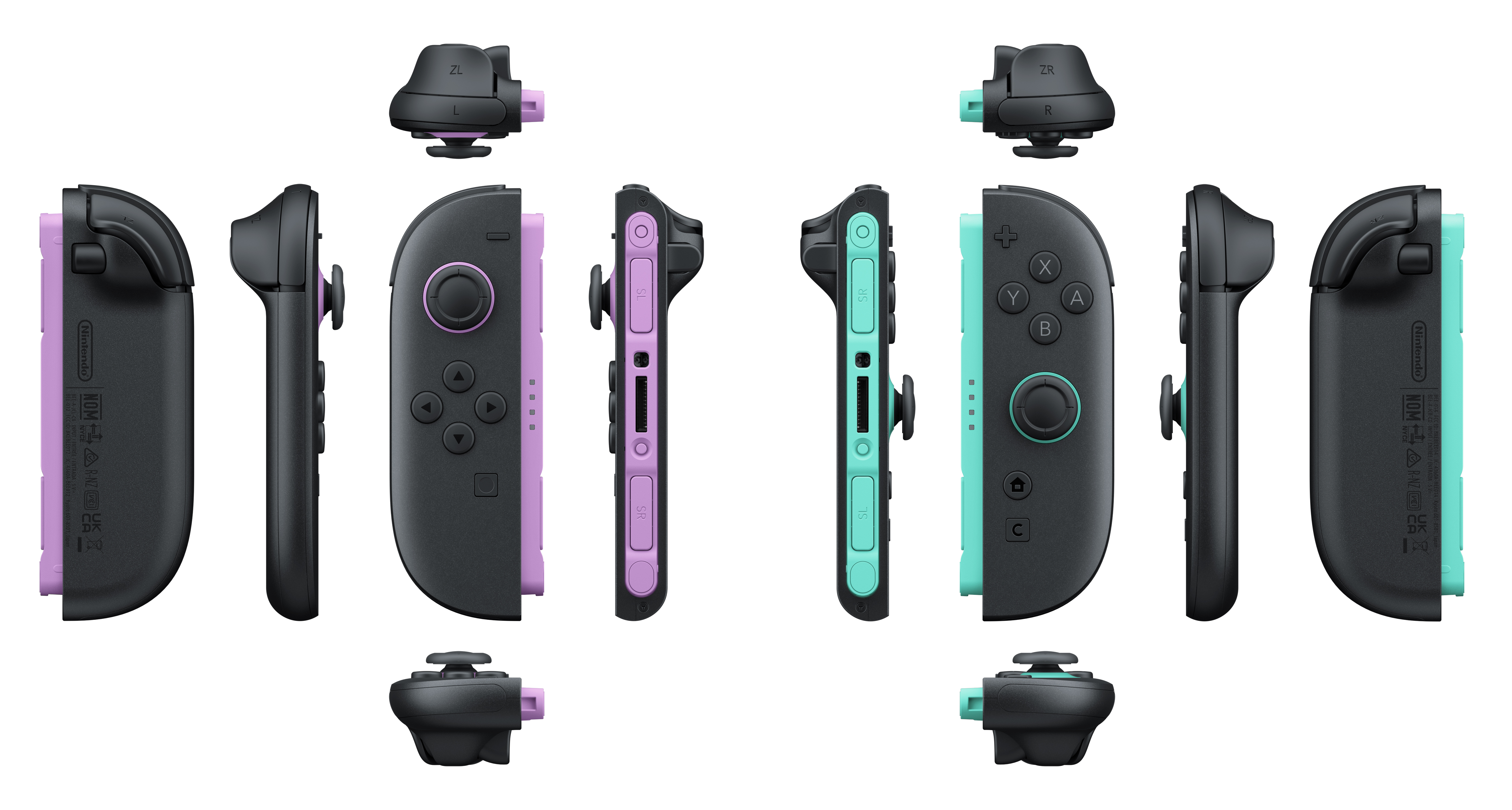 Nintendo Switch Joy-Con'lar mor ve turkuaz renklerde, çeşitli açılardan.
