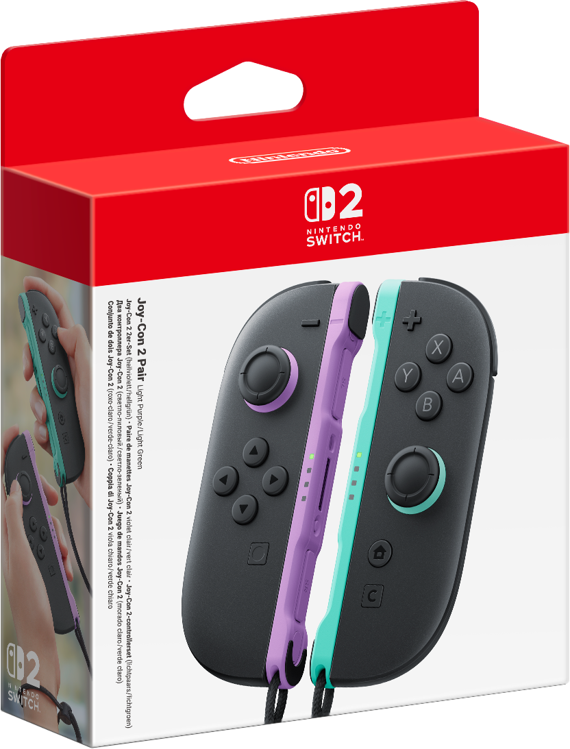 Nintendo Switch Joy-Con'lar mor ve yeşil ambalaj üzerinde.