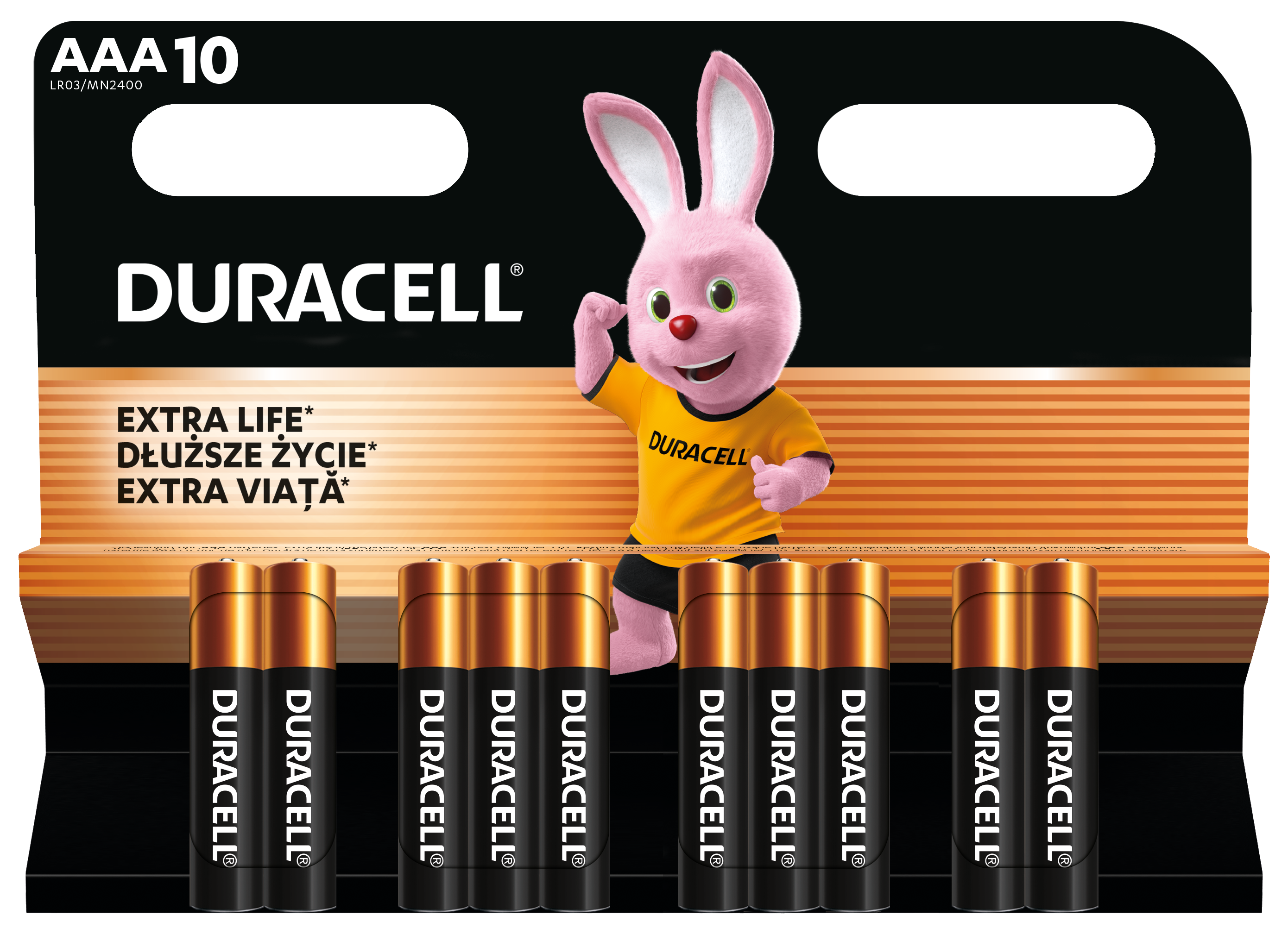 Baterie Duracell AAA z różowym zajączkiem. Dziesięć baterii w opakowaniu.