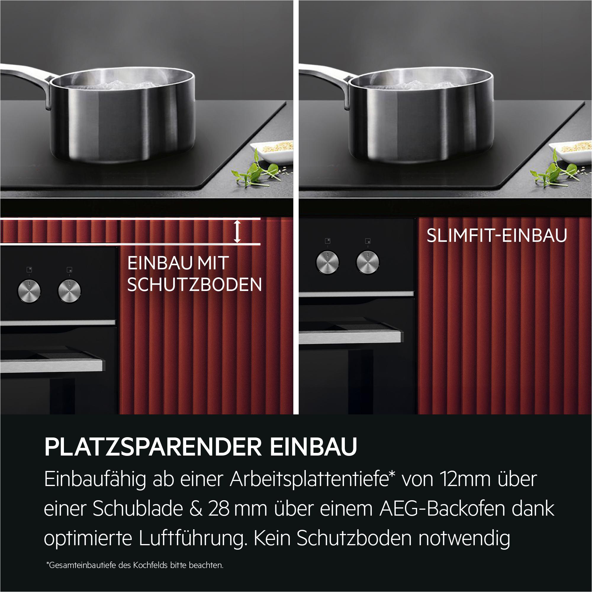 Kochtopf auf schwarzer Kochfläche, links mit Schutzboden, rechts Slimfit-Einbau.