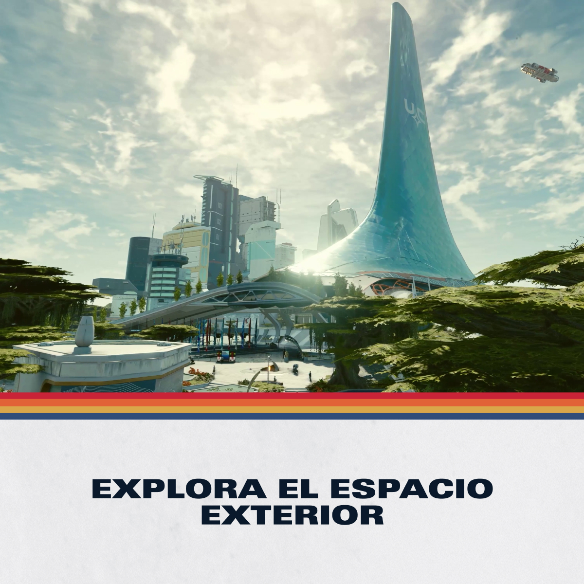 Ciudad futurista con aguja azul alta, edificios avanzados, vegetación y una nave espacial.