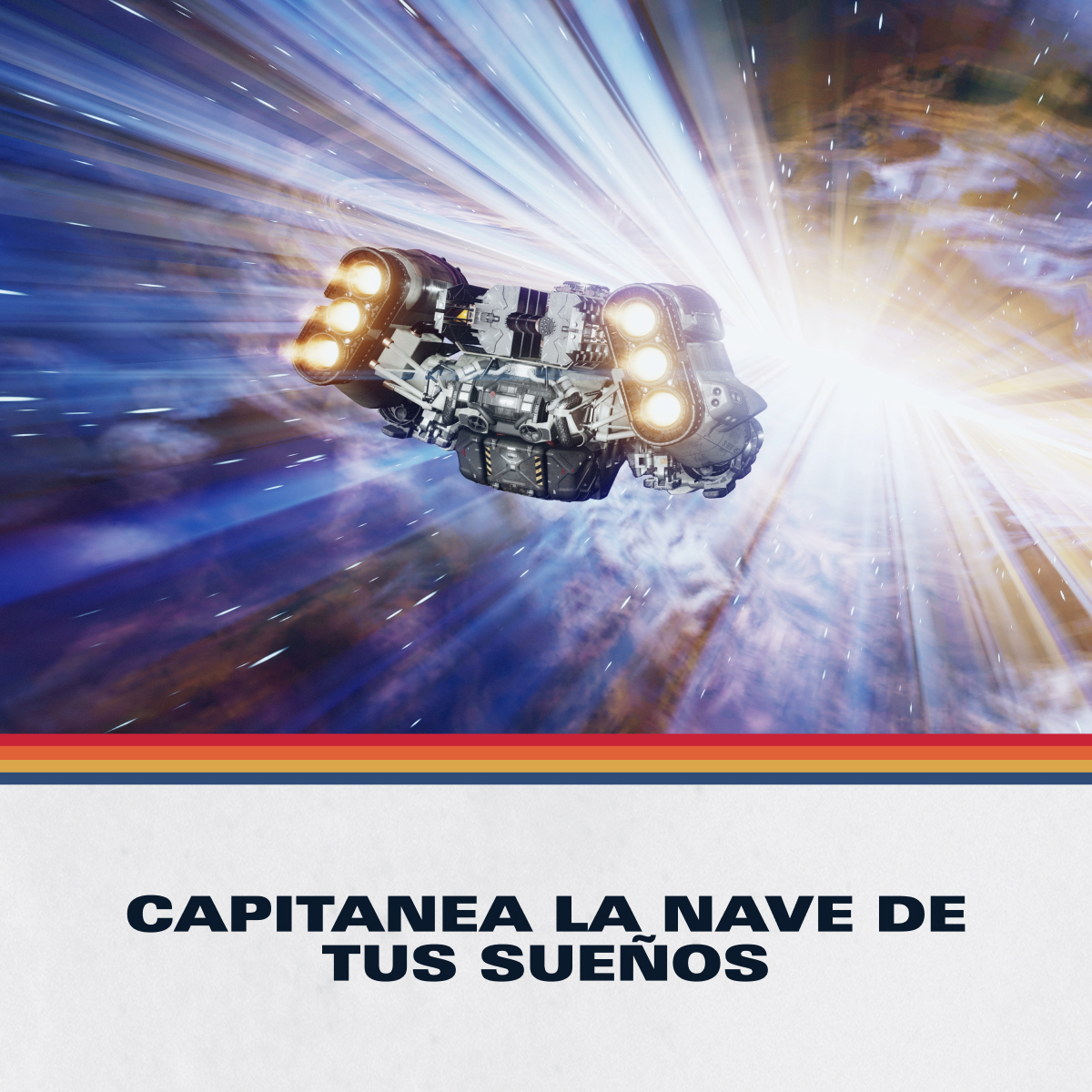 Una nave espacial futurista con motores brillantes viaja a través de un vórtice de luz y estrellas.