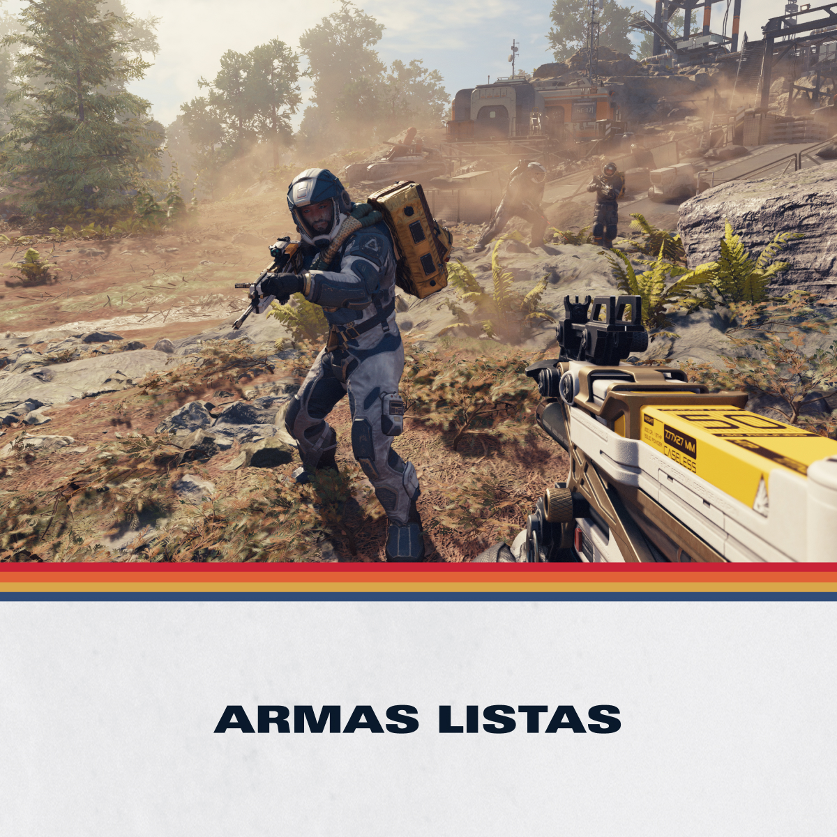 Un soldado con armadura sostiene un arma en un paisaje polvoriento y rocoso.