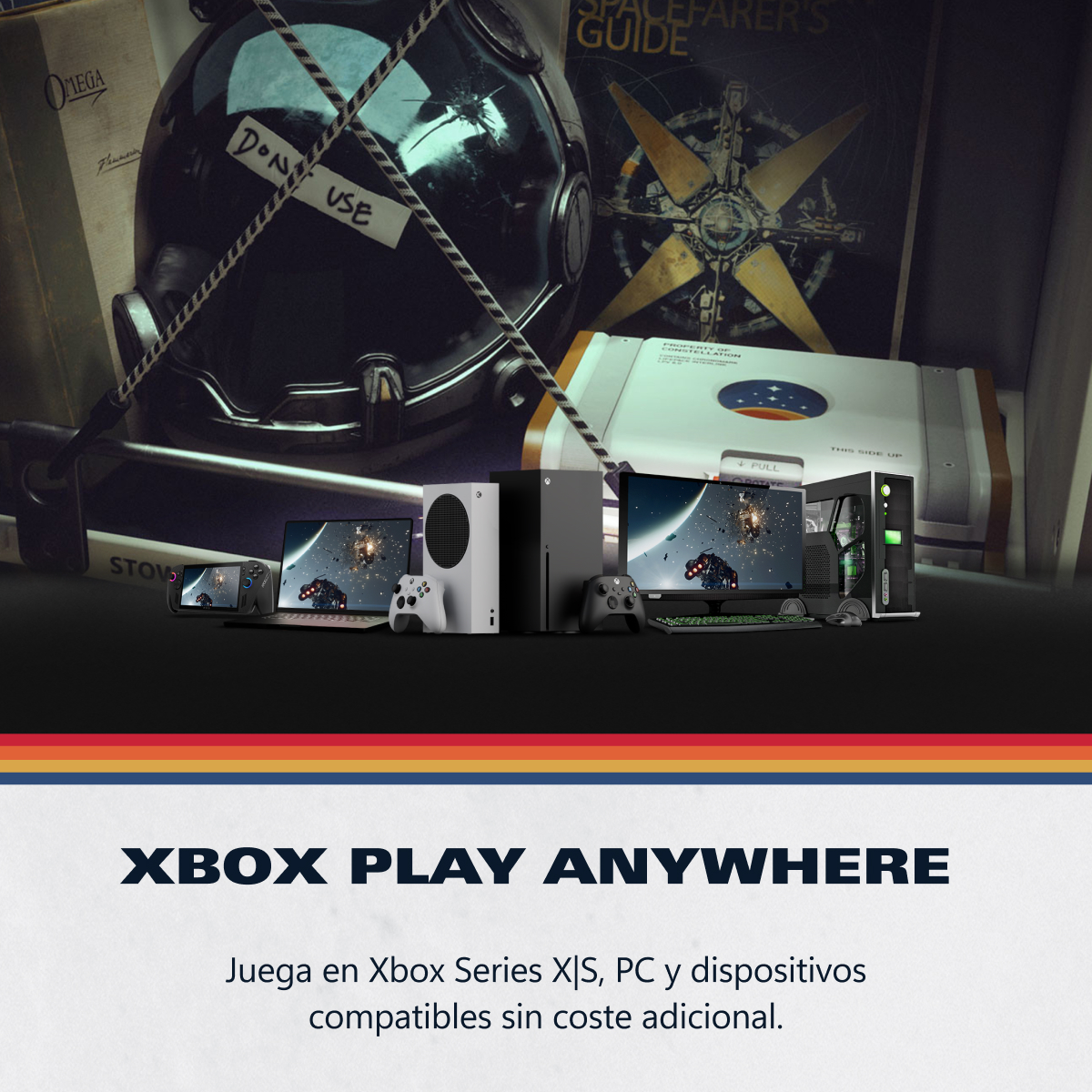 Varios dispositivos Xbox y un PC delante de un casco y libros.