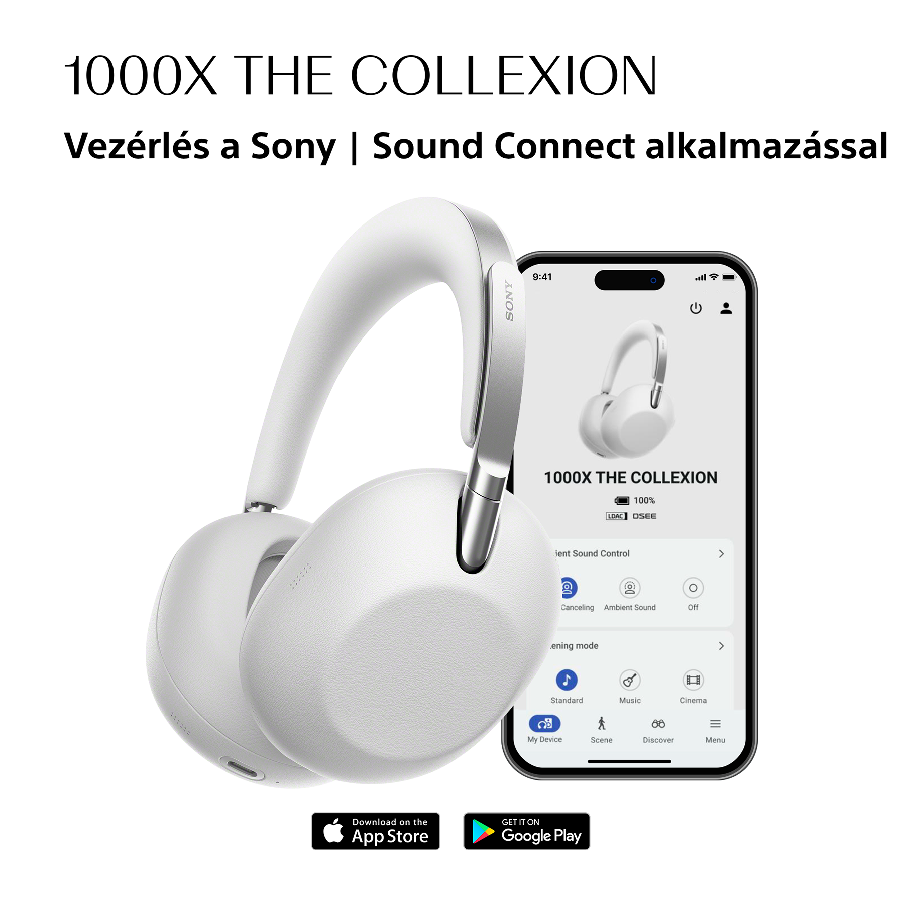 Fehér Sony fejhallgató okostelefon mellett, amely a Sony alkalmazást mutatja.