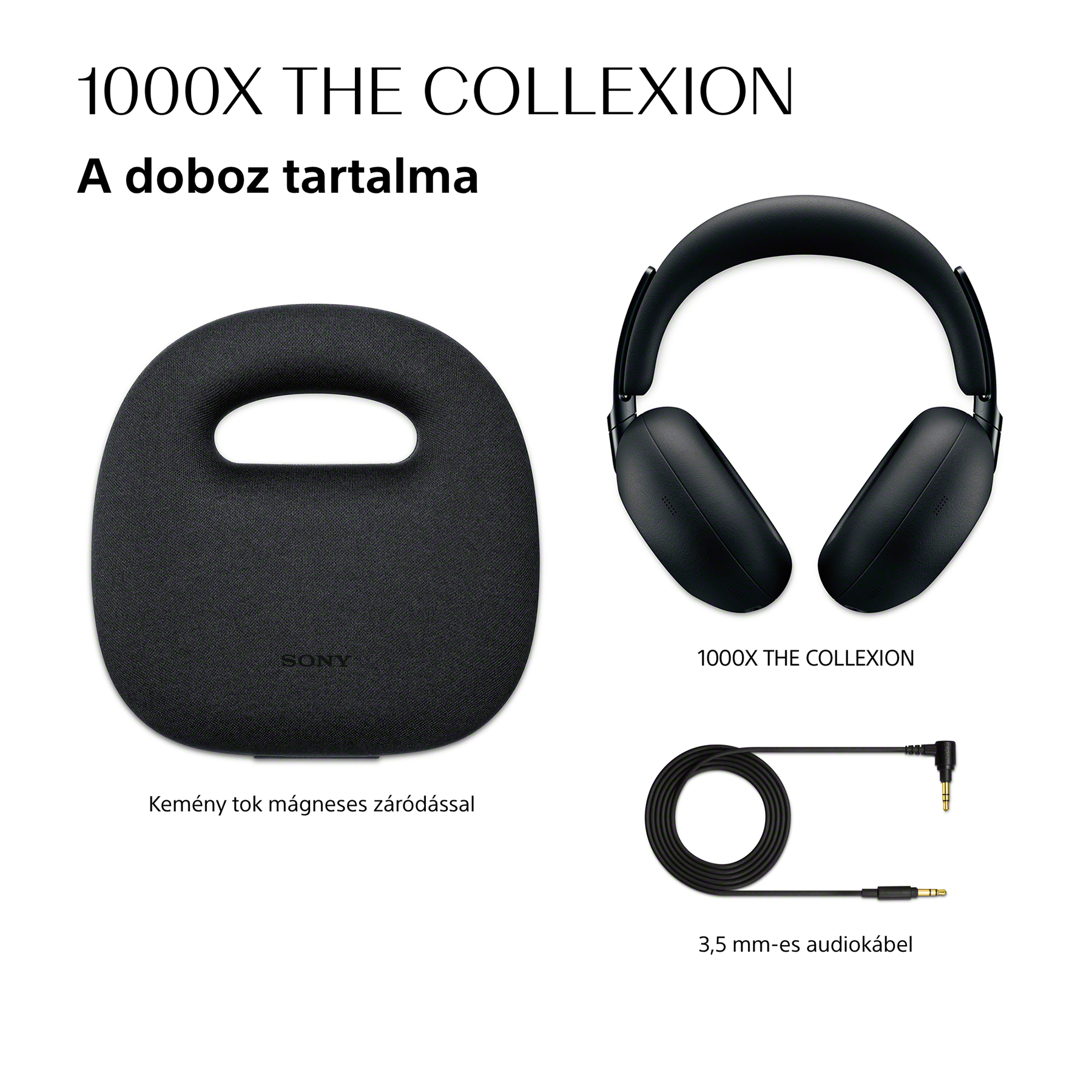Fekete fejhallgató, tok és audiokábel. Sony 1000X.