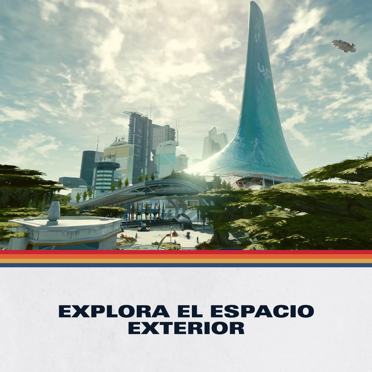 Ciudad futurista con edificio azul alto y vehículo volador.