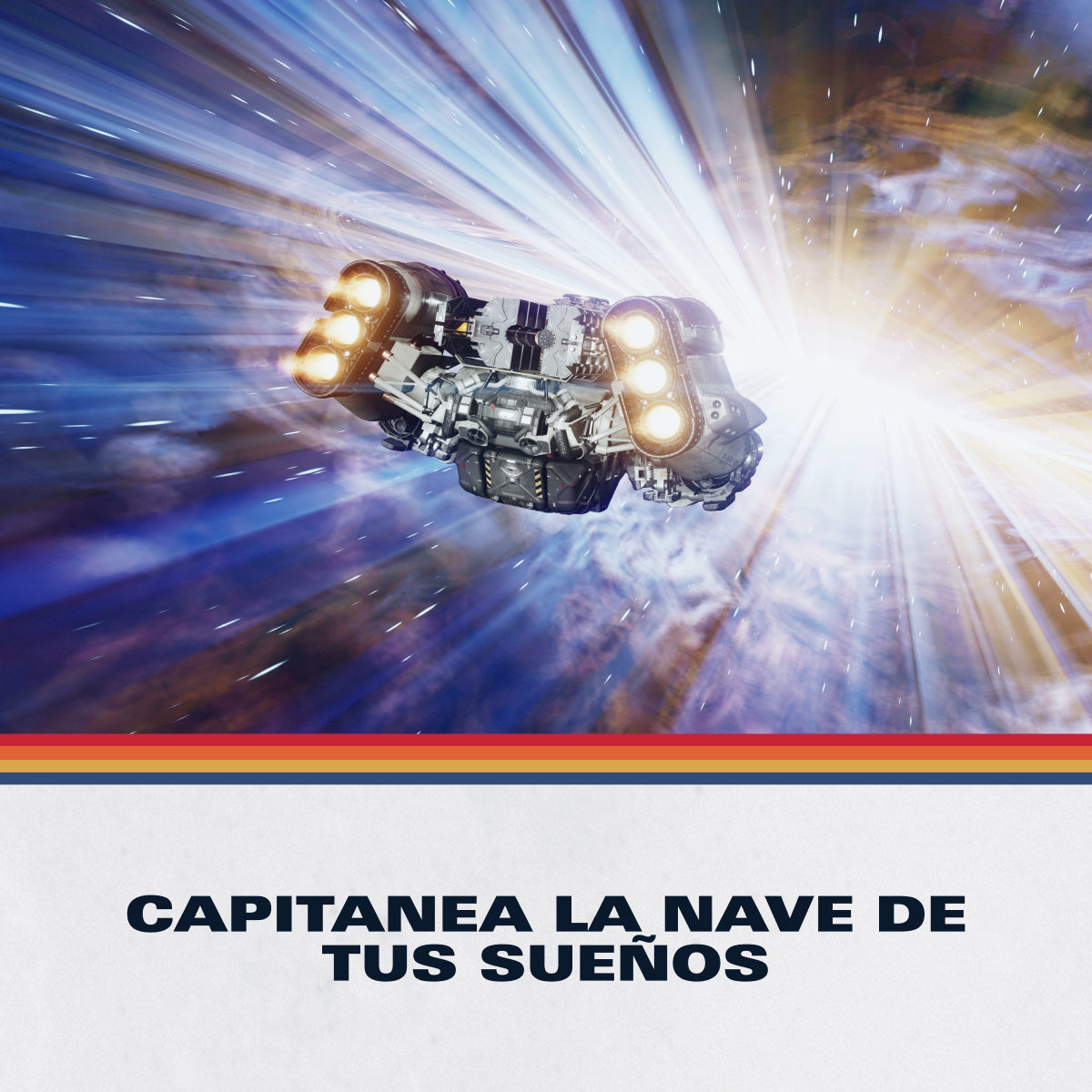 Una nave espacial viaja a través de un túnel de agujero de gusano azul y blanco, iluminada por motores brillantes.