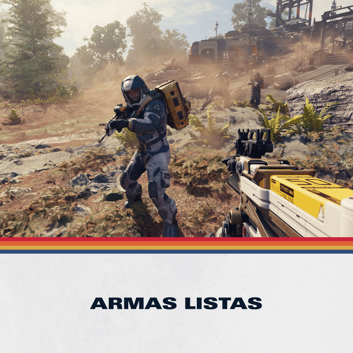 Un soldado con armadura azul y gris y mochila amarilla sostiene un arma en un paisaje polvoriento y rocoso.