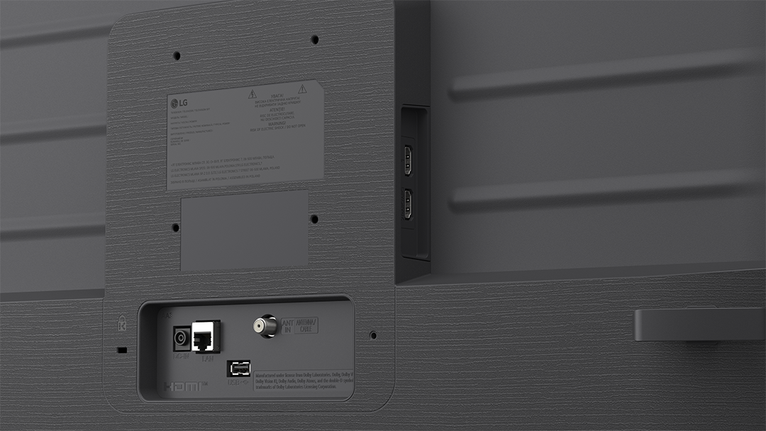 TV hátulja csatlakozókkal: HDMI, LAN, USB, Antenna és tápfeszültség.