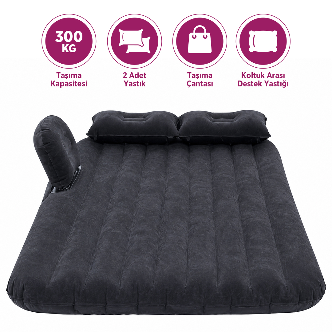 Yastıklı ve taşıma çantalı şişme yatak, 300kg kapasite.