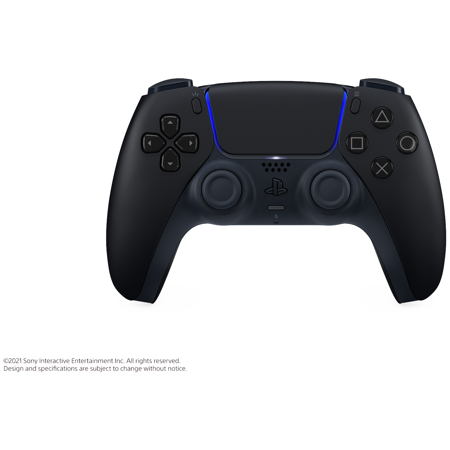 Zwarte PlayStation 5 controller met blauwe accenten op witte achtergrond.