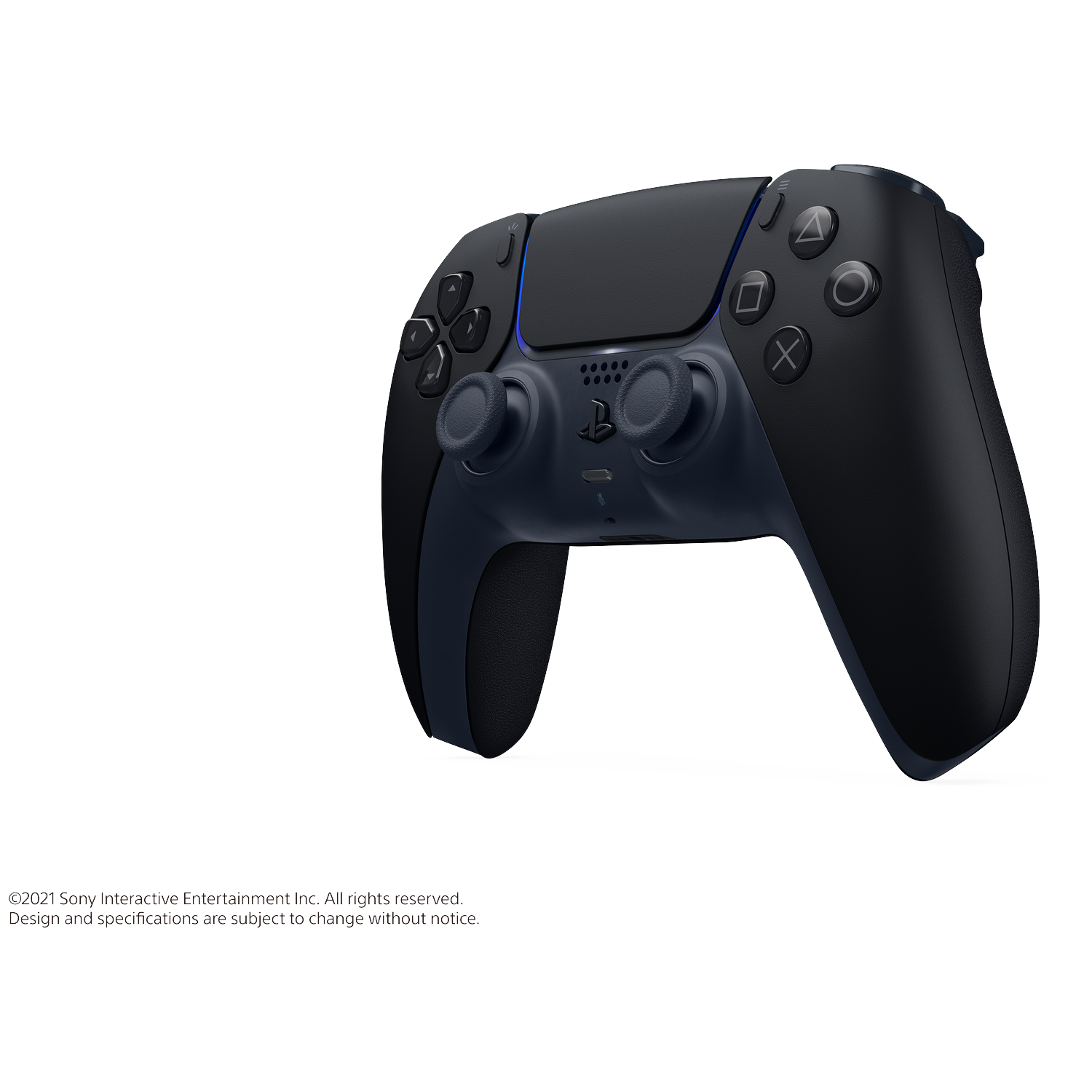 Een zwarte draadloze gamingcontroller met blauwe accenten wordt op witte achtergrond getoond.