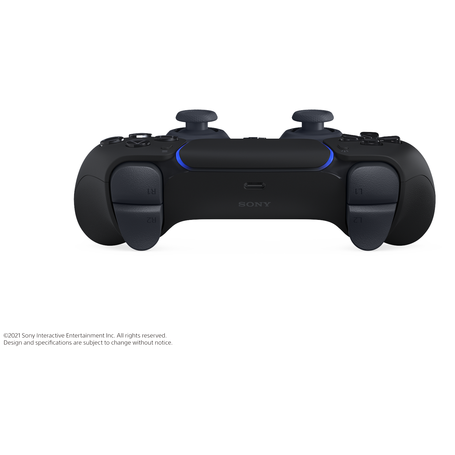 Zwarte PlayStation 5 controller met blauwe accenten.