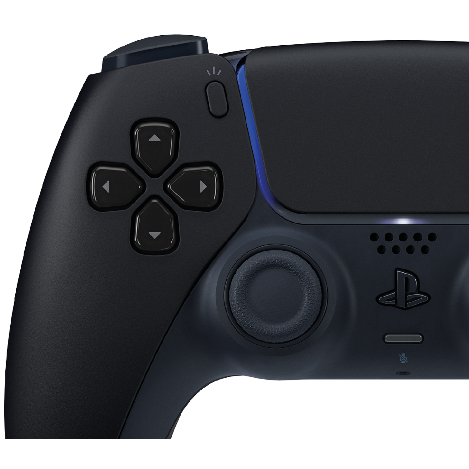 Close-up van een zwarte gamecontroller met directional buttons en analoge stick.