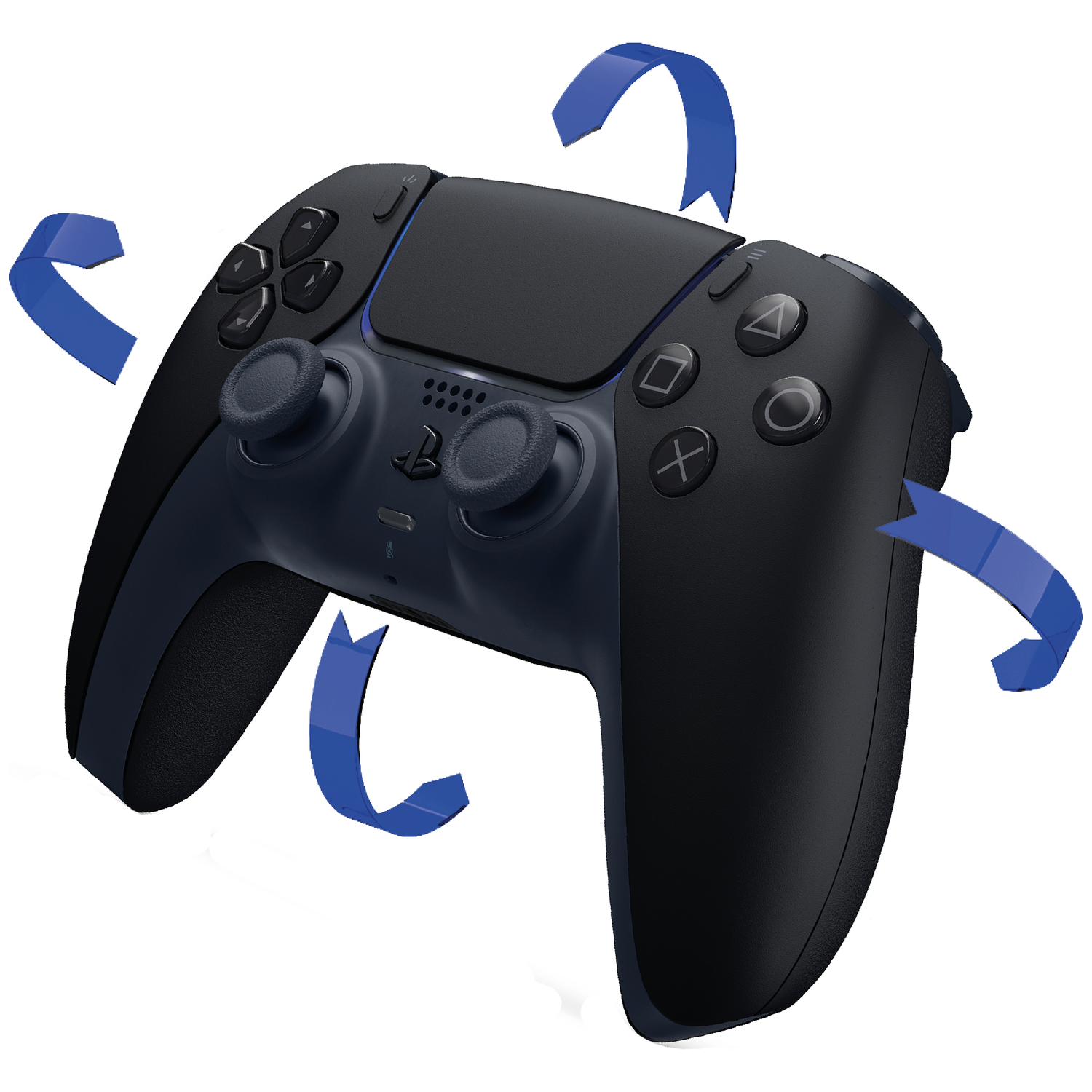 Zwarte controller met blauwe pijlen die rotatiebeweging aangeven.