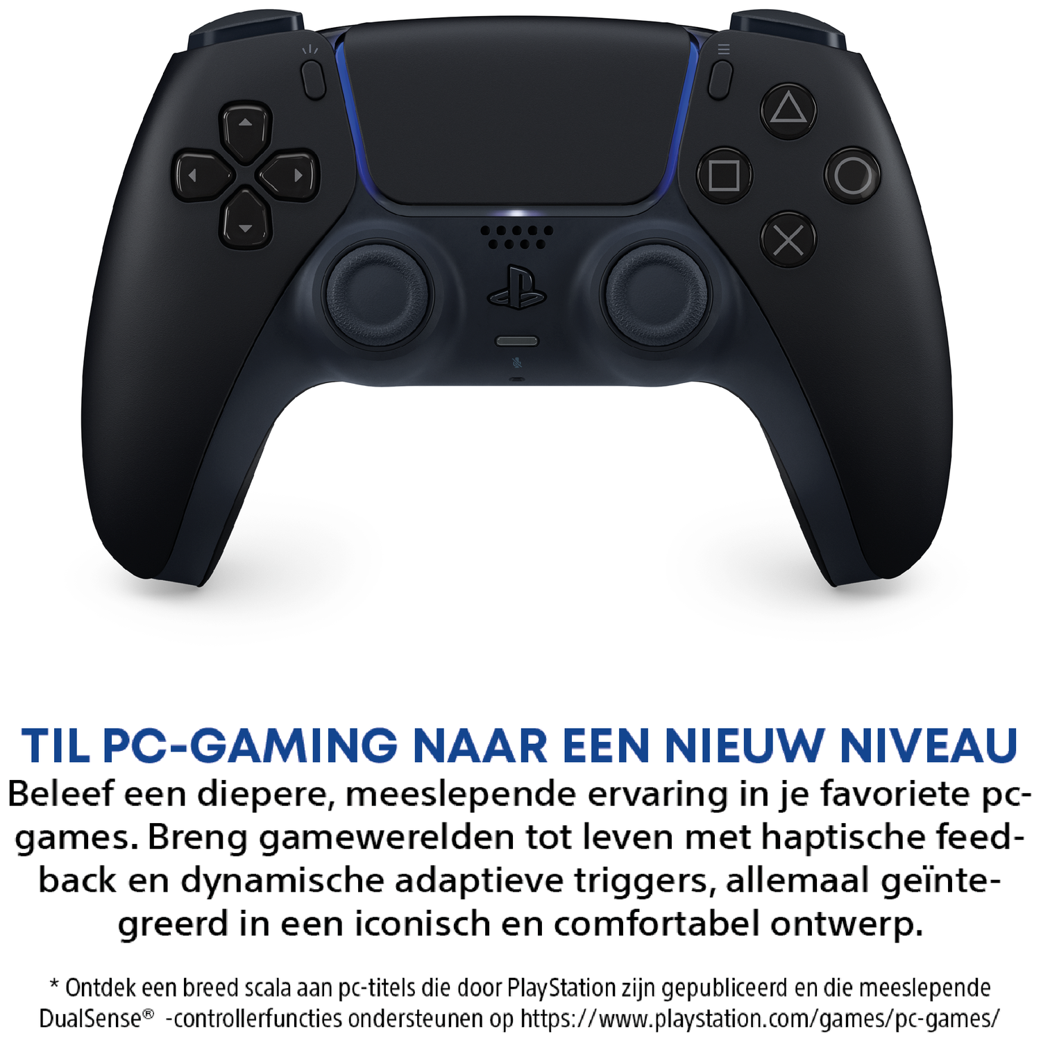 Zwarte PlayStation controller met blauwe accenten en knoppen.