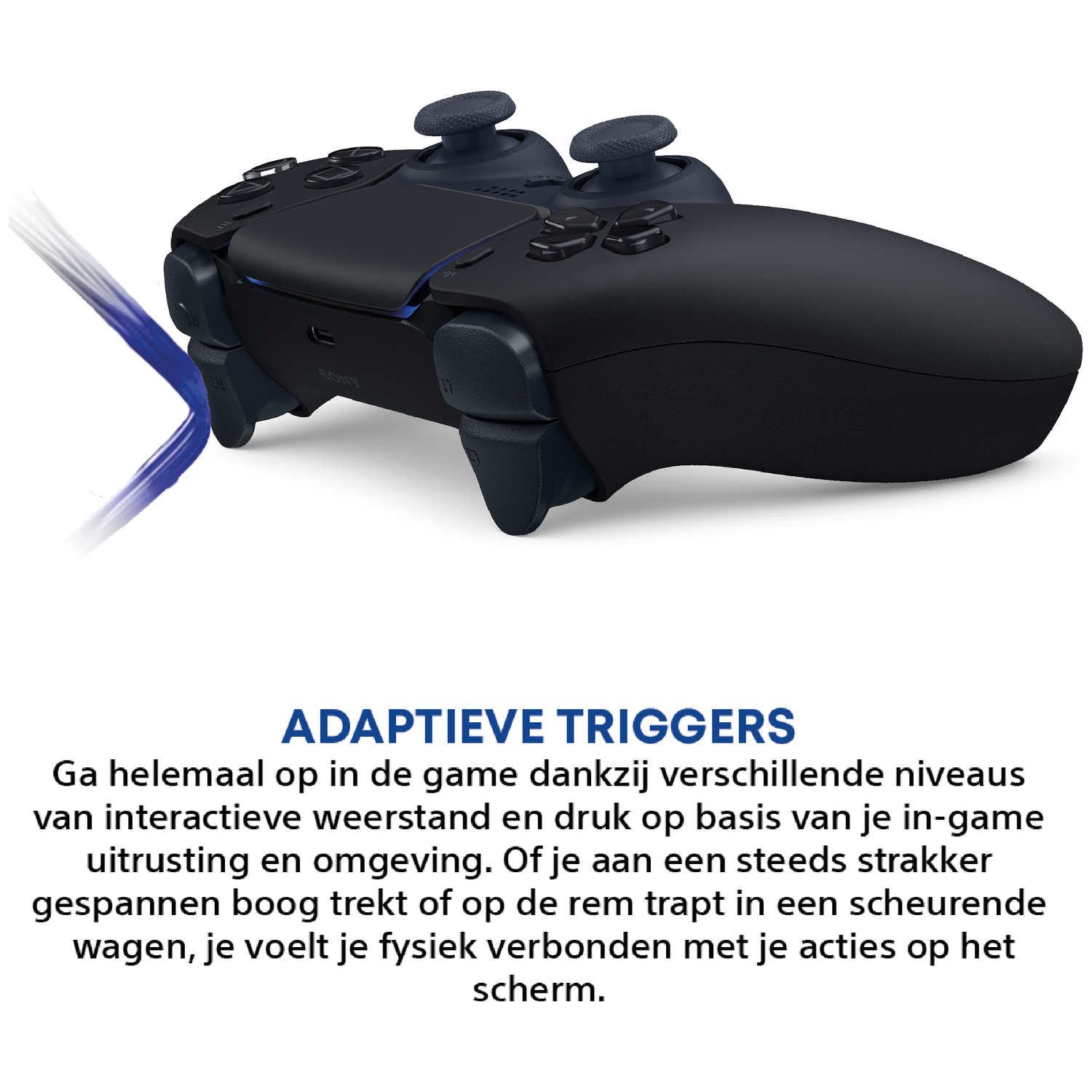 Zwarte PlayStation controller met blauwe energie-effecten.