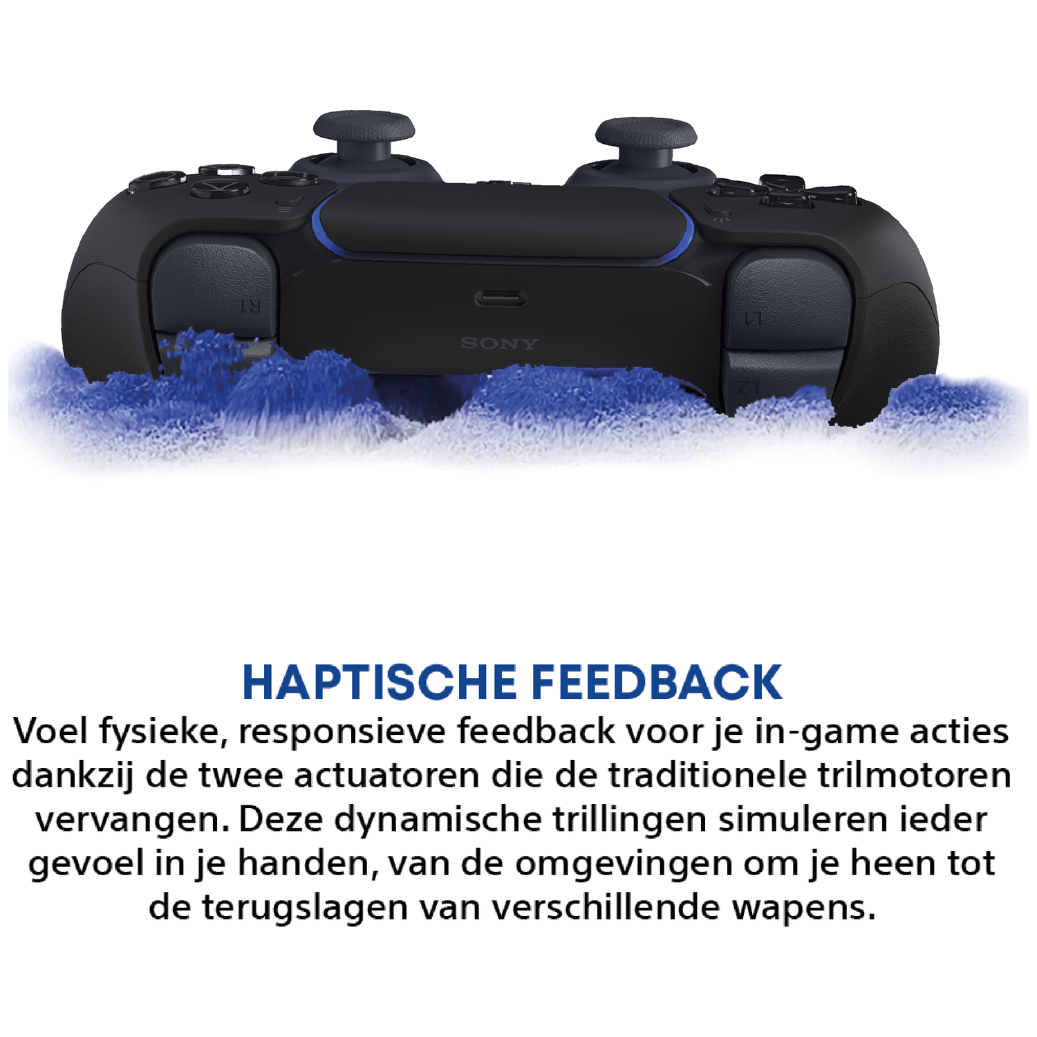 Zwarte controller met blauwe accenten die uit blauwe mist oprijst.