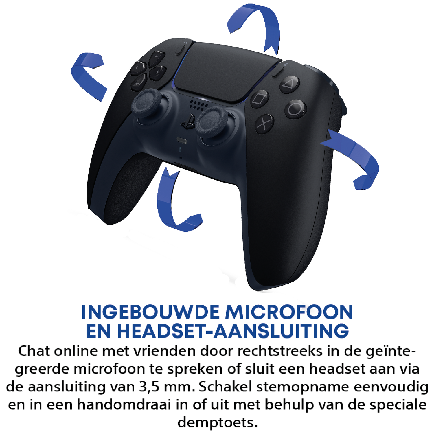 Zwarte controller met blauwe pijlen die rotatie aangeven.