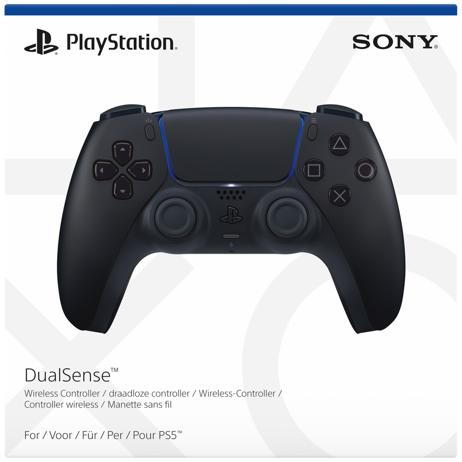 Zwarte PlayStation DualSense controller met blauwe accenten.