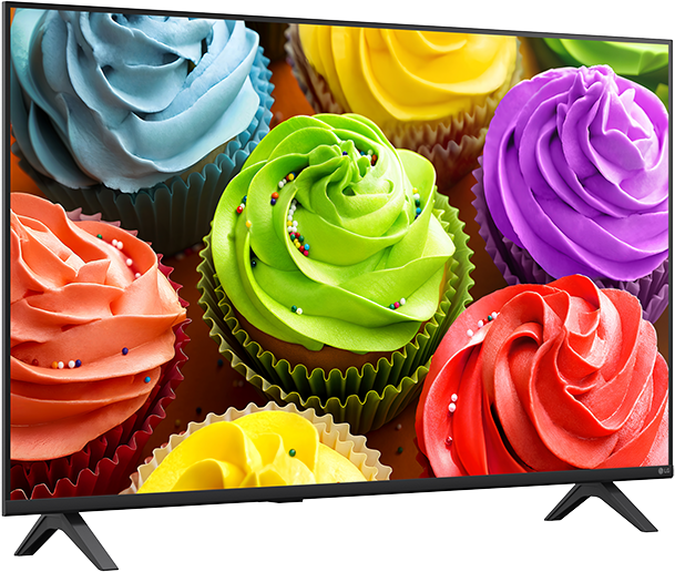 Egy síkképernyős TV színes, hullámos krémmel és szórócukorral díszített cupcake-okat mutat.