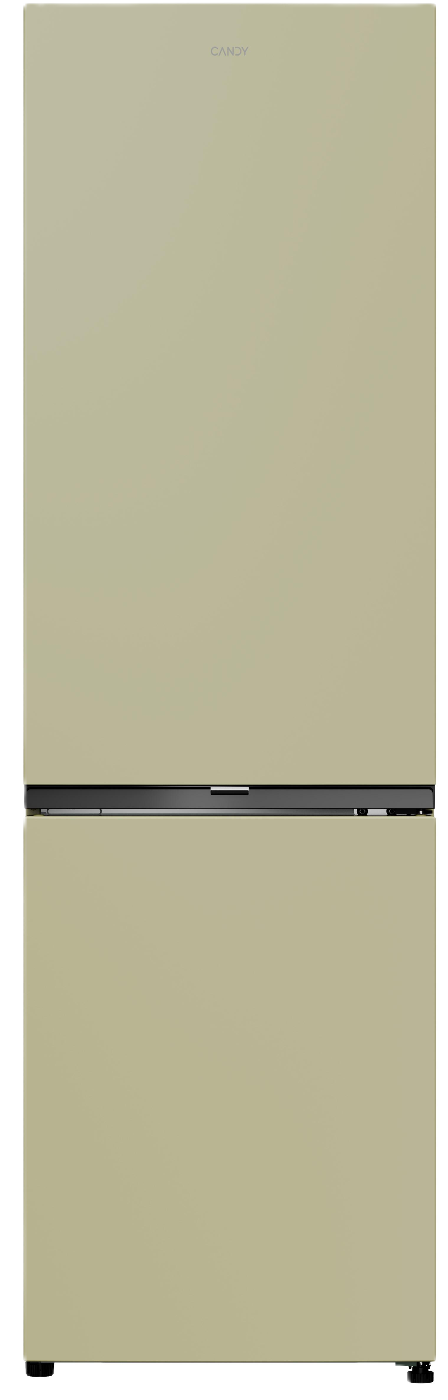Ein cremefarbener Kühlschrank mit silbernem Griff und Candy-Logo oben.