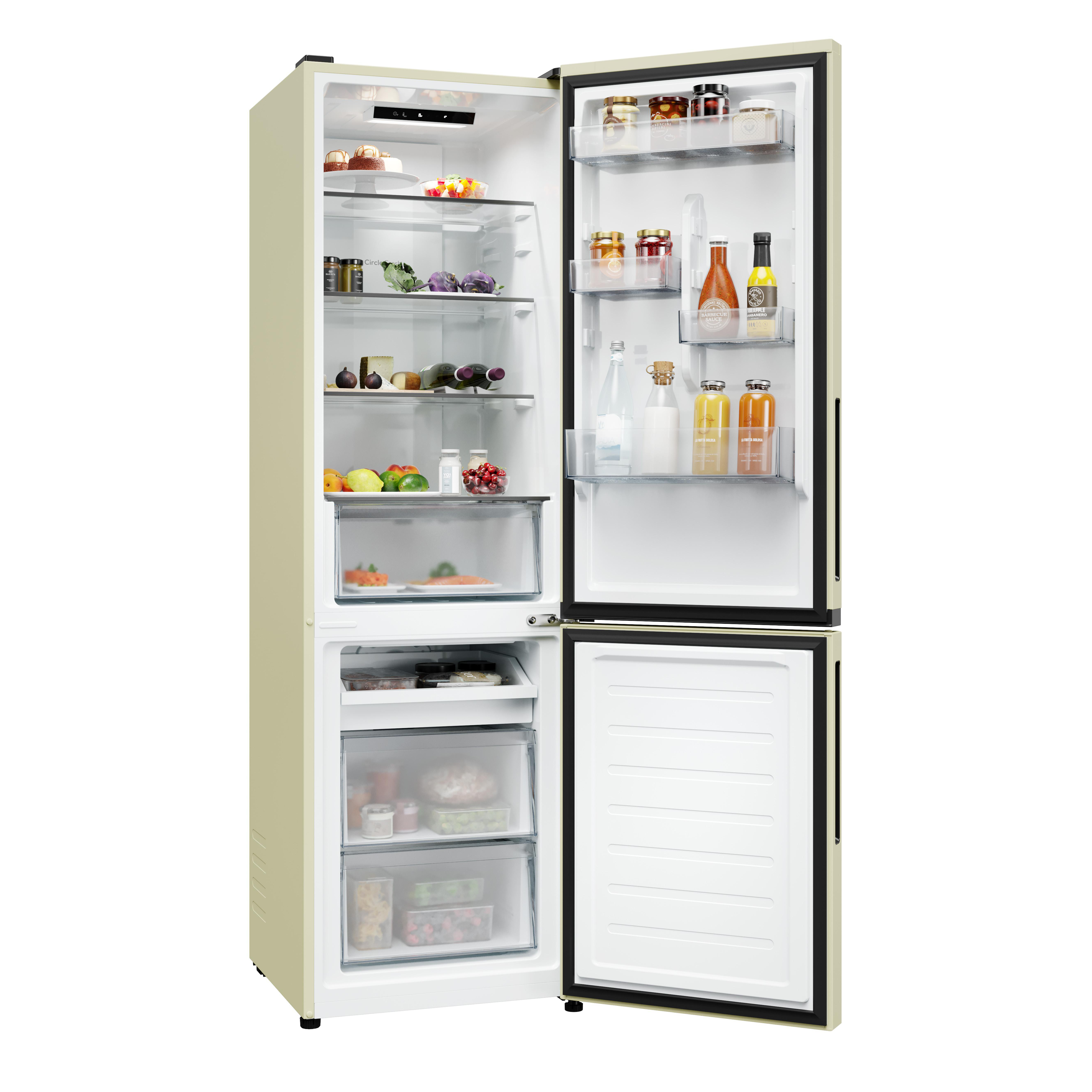 Ein offener cremefarbener Kühlschrank mit Lebensmitteln auf den Regalen.