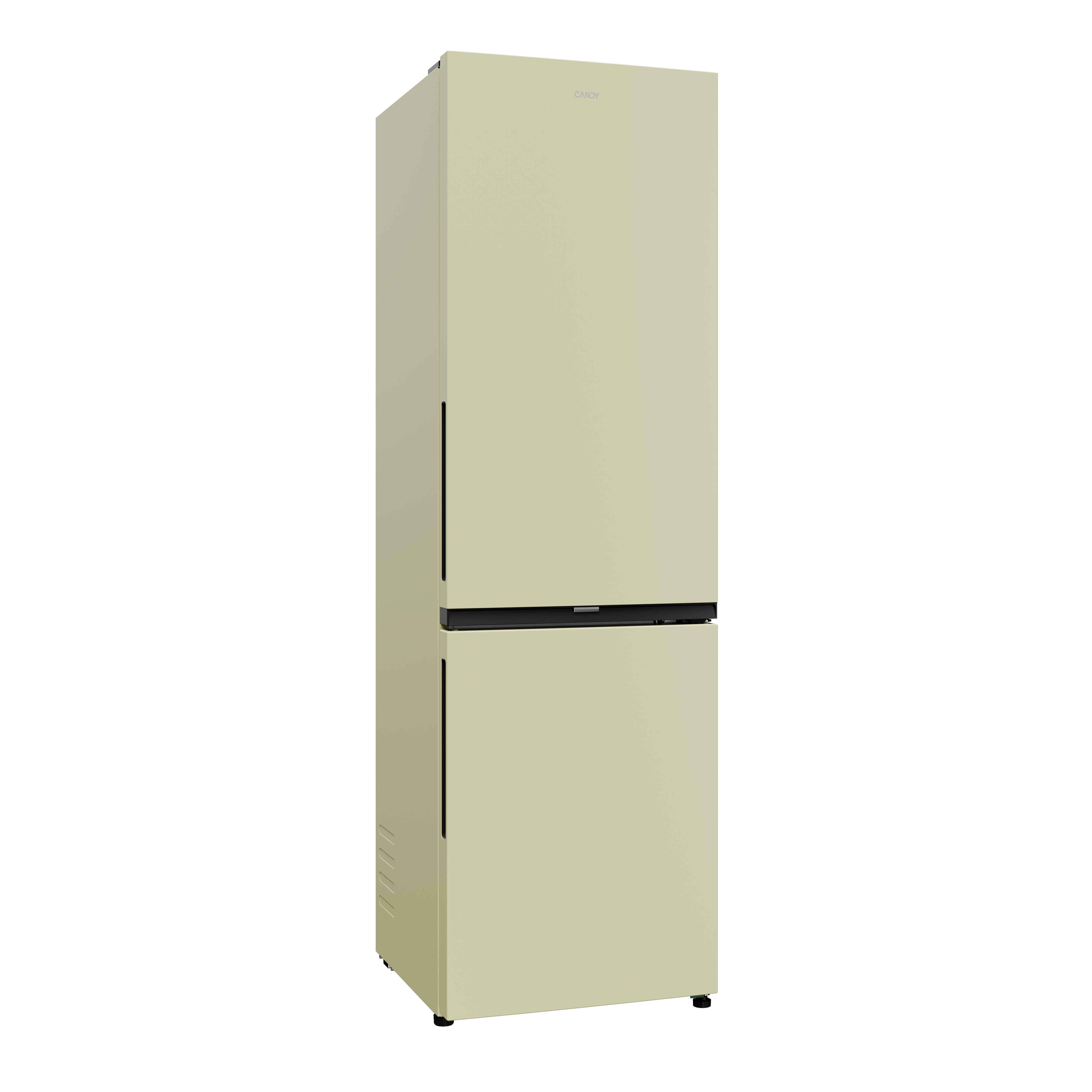 Ein cremefarbener Kühlschrank mit zwei Türen, schwarz abgesetzt.