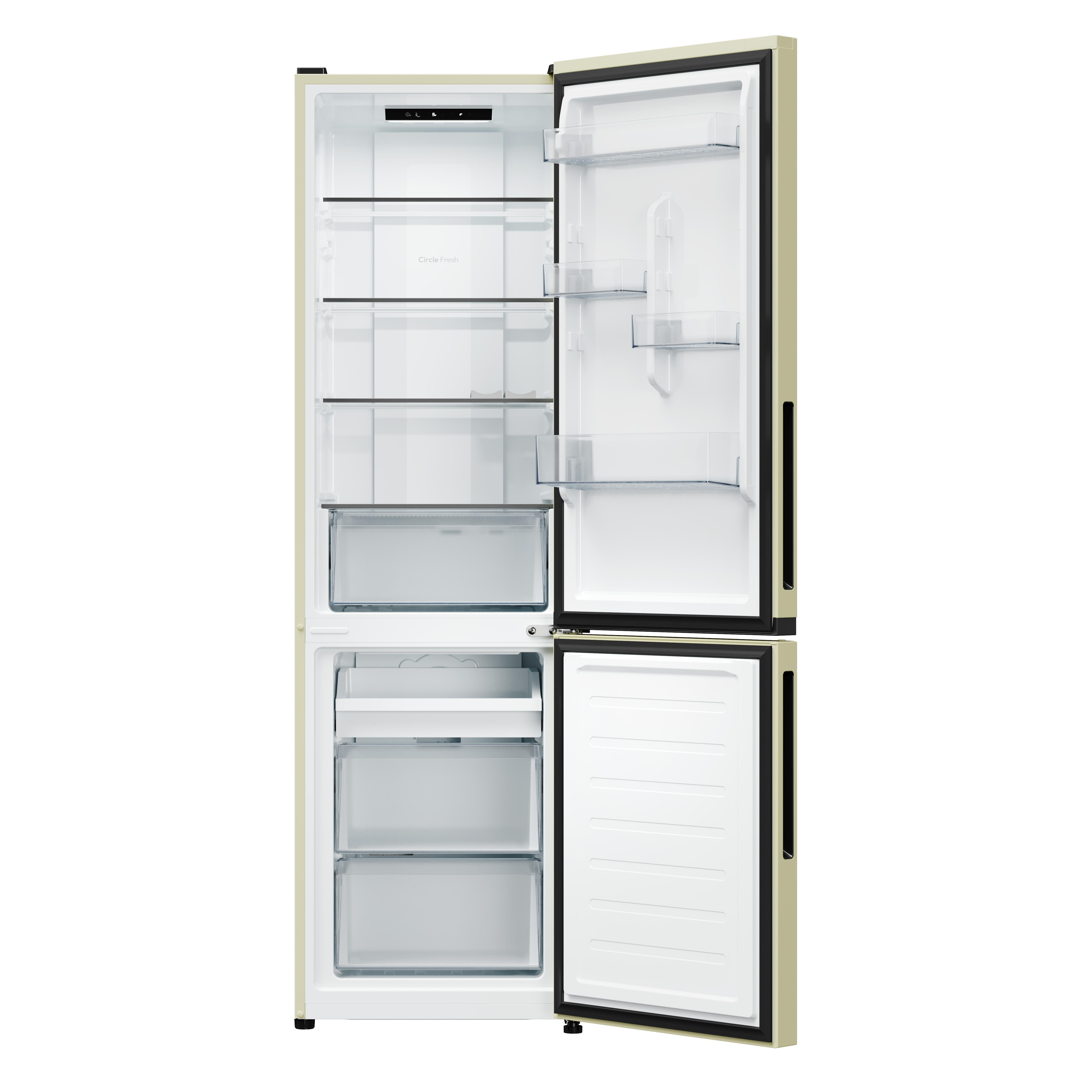 Ein offener, cremefarbener Kühlschrank mit transparenten Fächern und Schubladen.