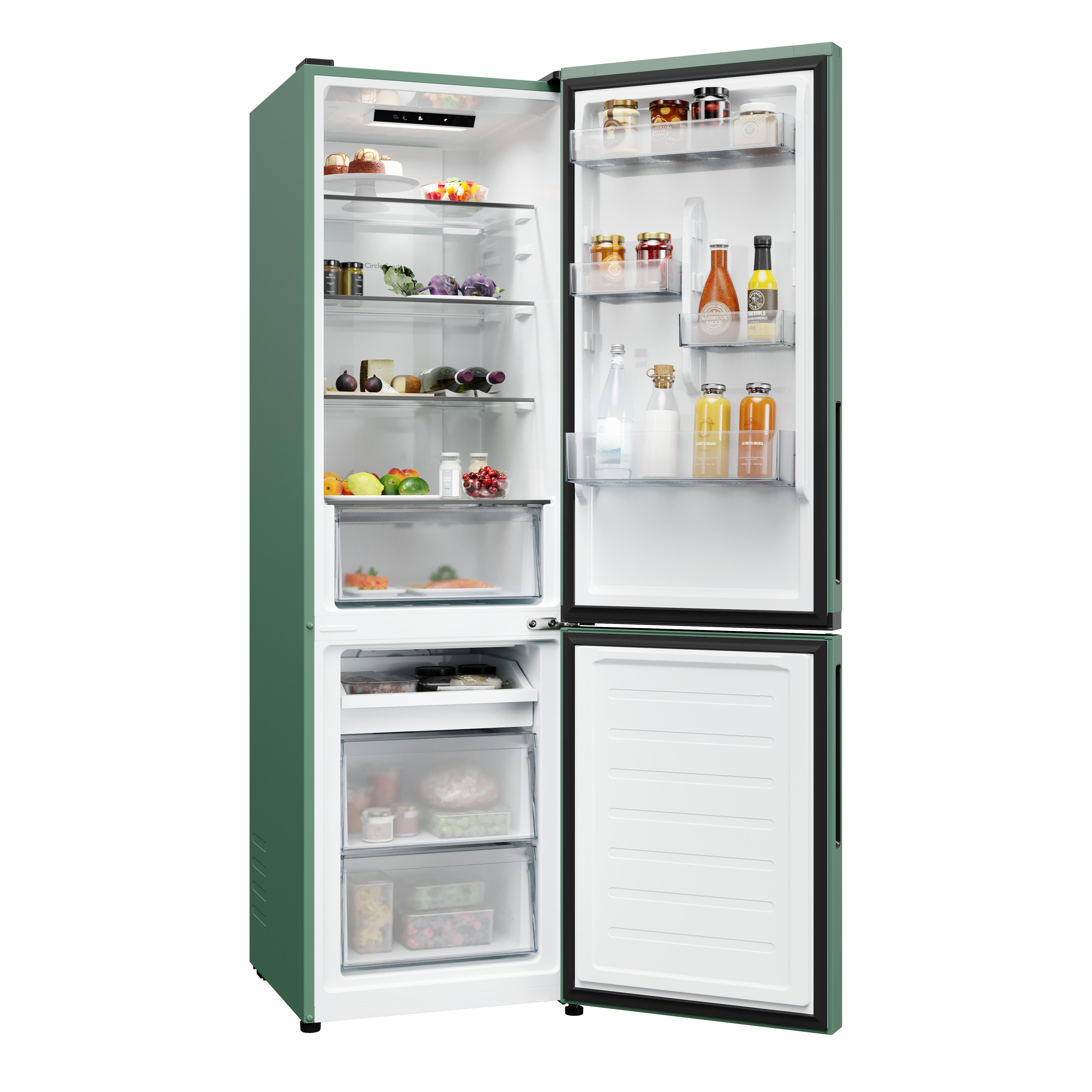 Ein offener, grüner Kühlschrank mit Lebensmitteln gefüllt.