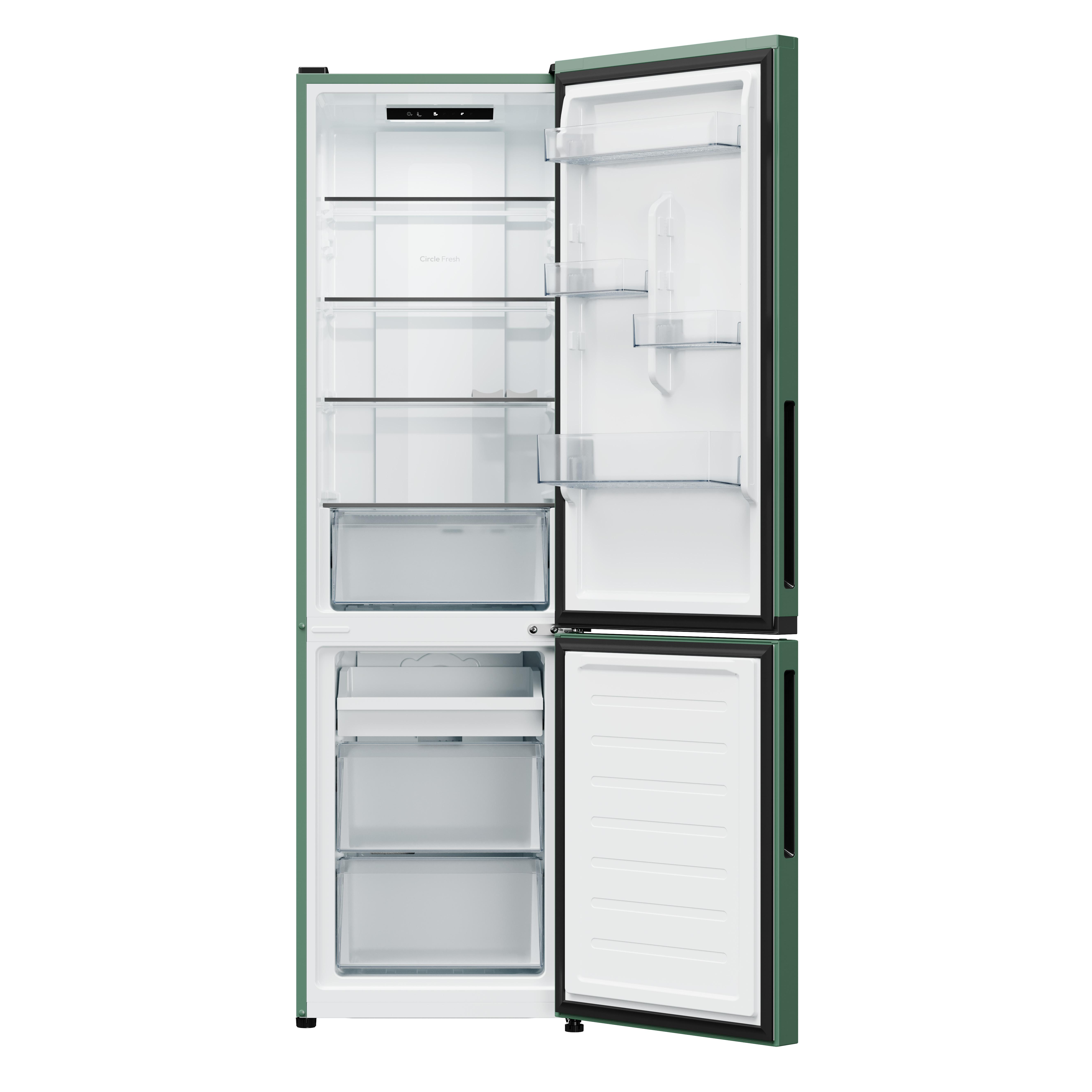 Ein grüner Kõhlschrank mit offenen Türen. Innen sind Regale und Schubladen sichtbar.