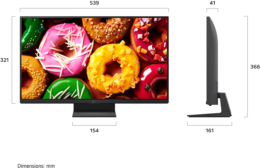 Monitor fánkokat jelenít meg. Méretek mm-ben: 539x321x41, 366x161, 154.