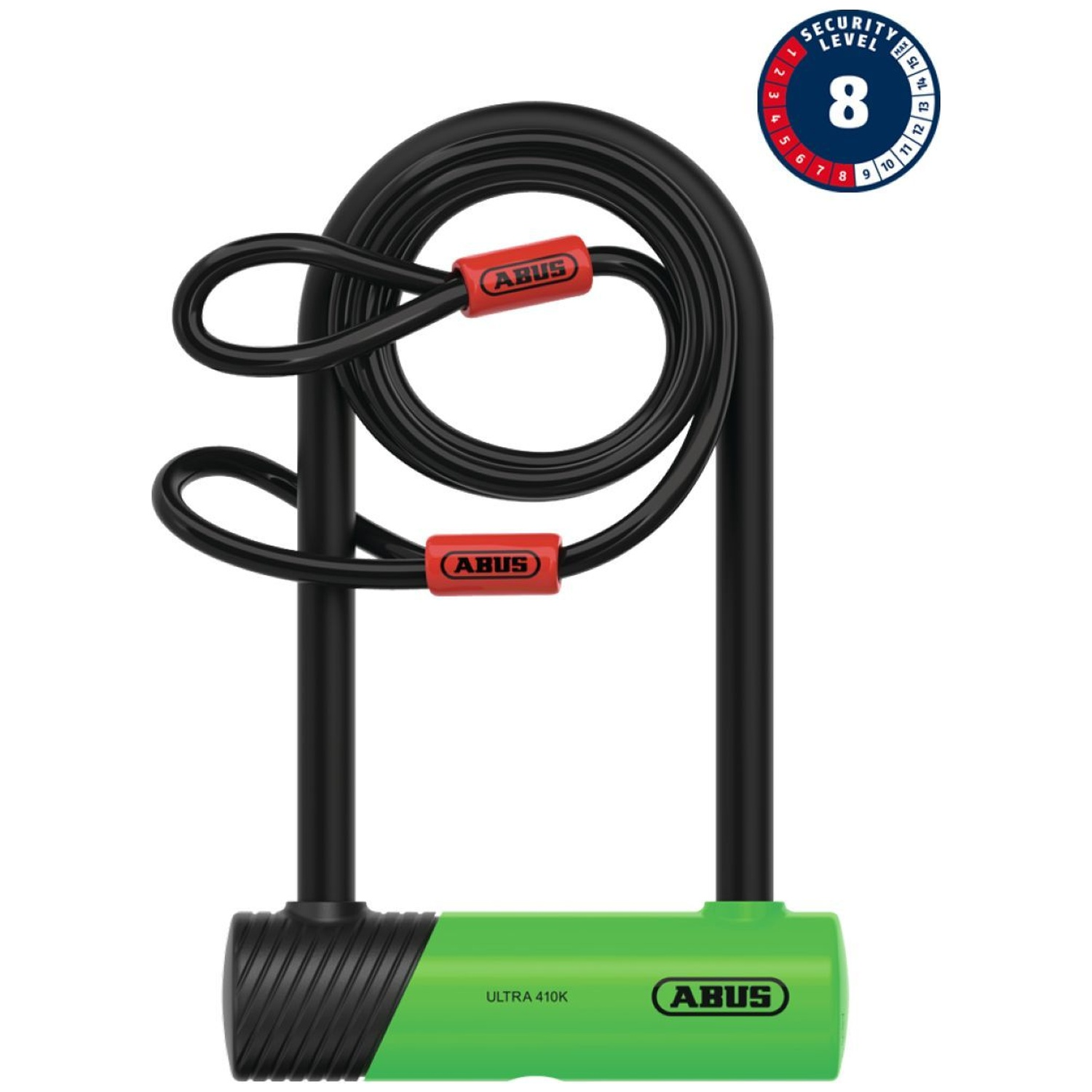 A black U-lock with a green base and red ABUS logos.