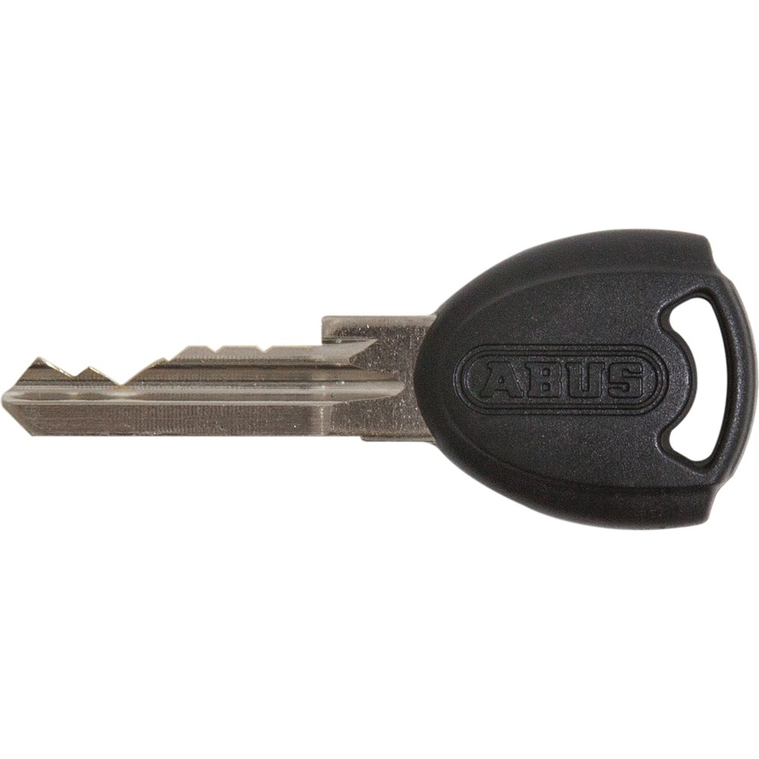 A black ABUS key with a serrated metal blade and an oval handle.