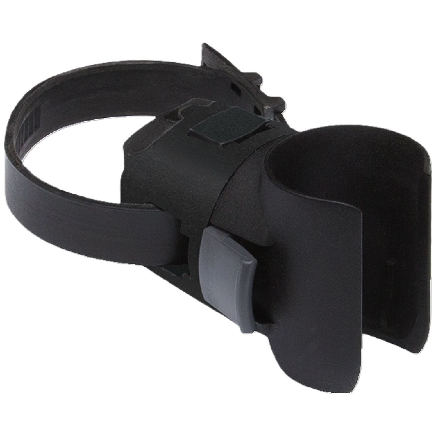 Un clip en plastique noir avec une sangle réglable et un bras de maintien.