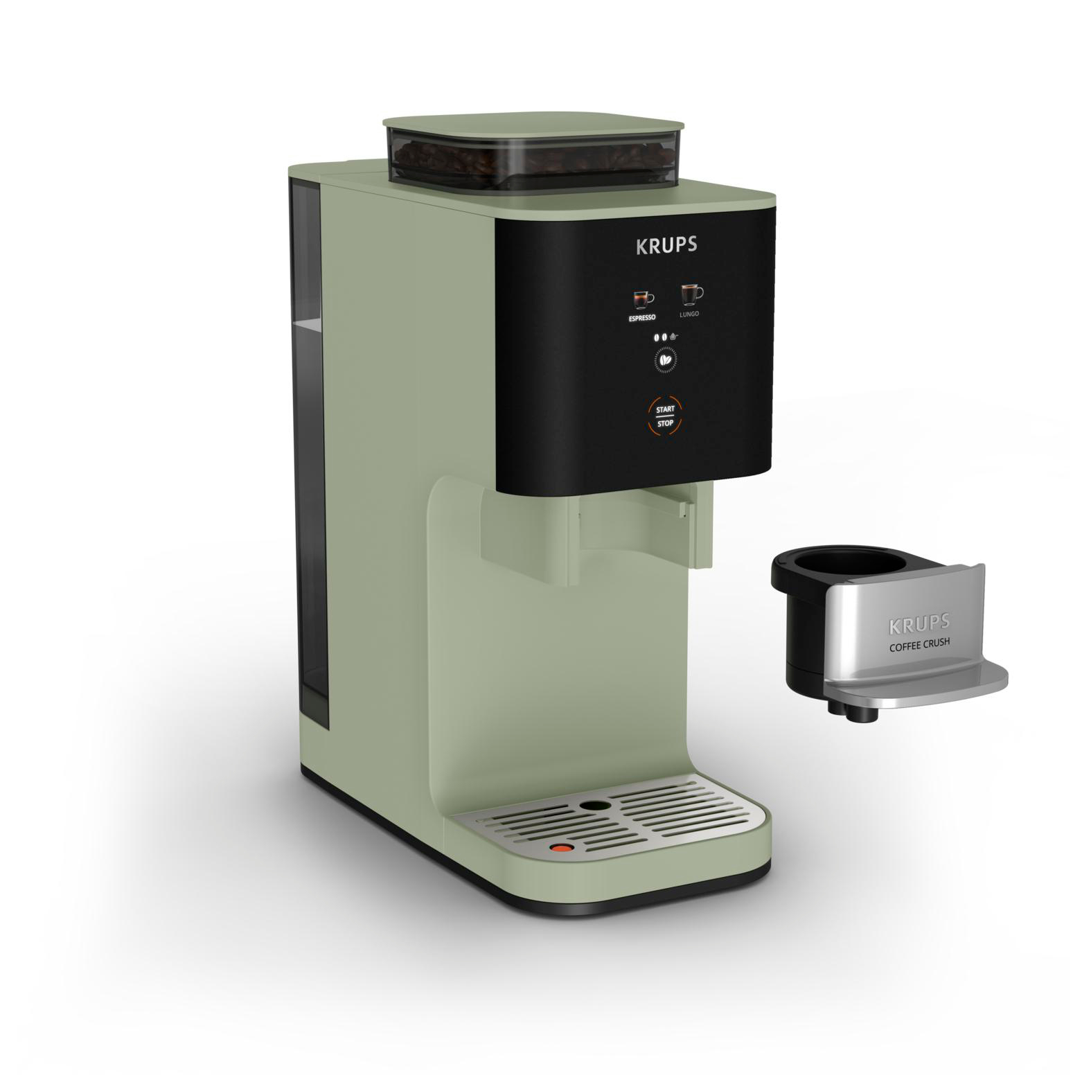 Eine hellgrüne Krups Kaffeemaschine mit schwarzer Front und Kaffeebohnen oben.
