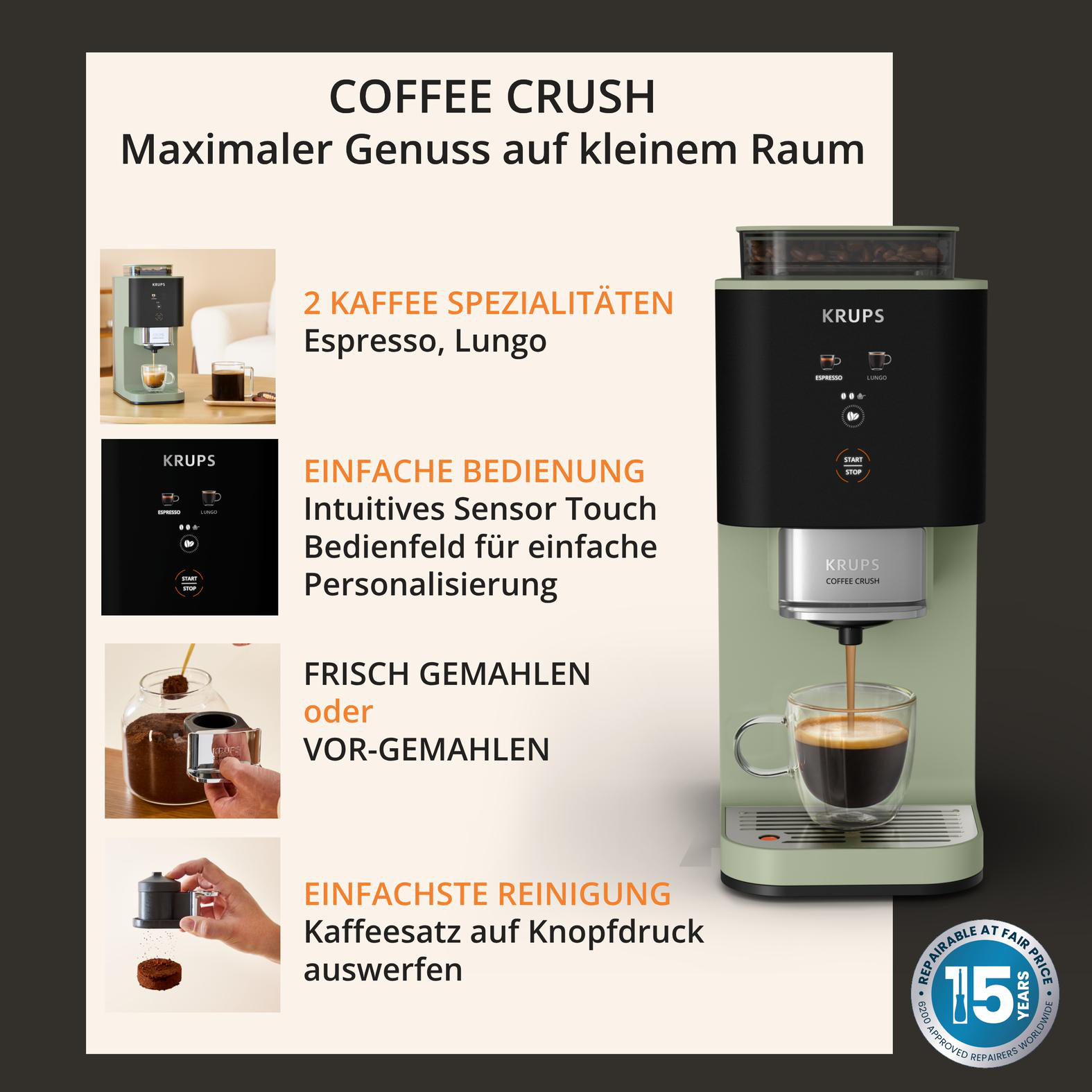 Eine grüne Krups Kaffeemaschine brüht Espresso in eine transparente Tasse.