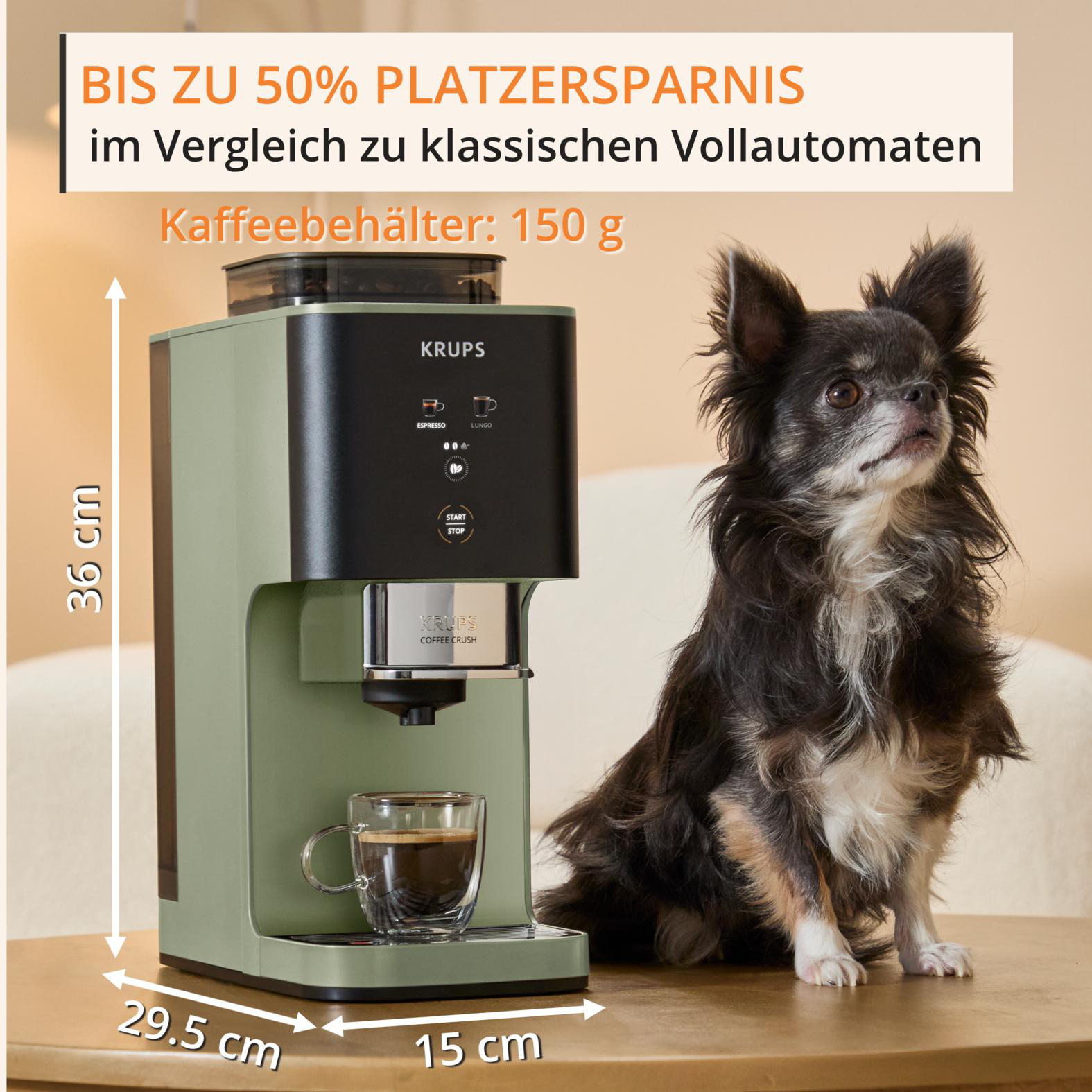 Eine grüne Krups Kaffeemaschine mit einem Hund daneben. Maße sind angegeben.