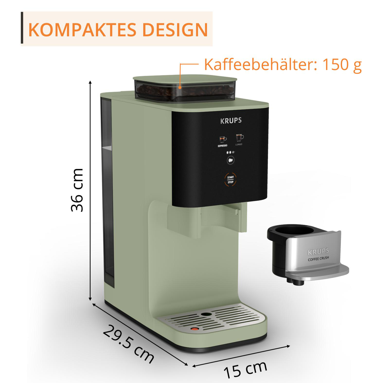 Eine kompakte hellgrüne Krups Kaffeemaschine mit 150g Bohnenbehälter.