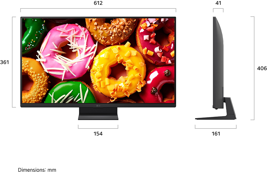 Egy monitor színes, mázas fánkokat jelenít meg méretjelölésekkel.