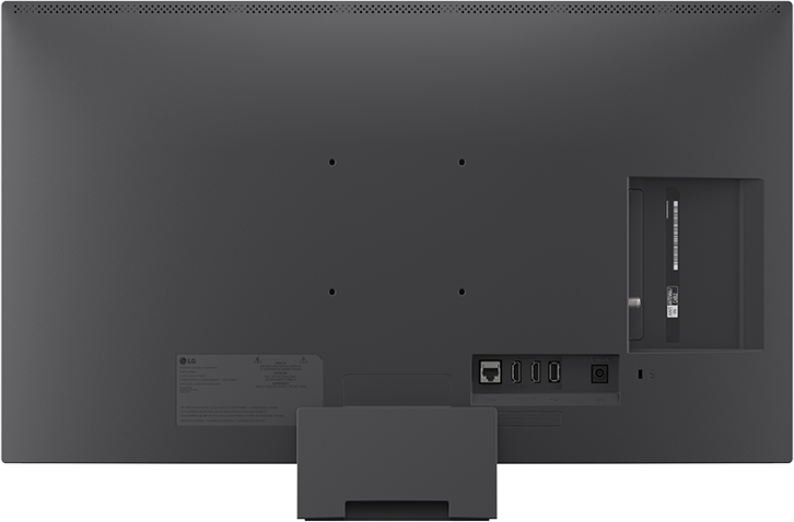 Egy sötétszürke LG televízió hátulja, csatlakozók: Ethernet, HDMI, USB és tápellátás.